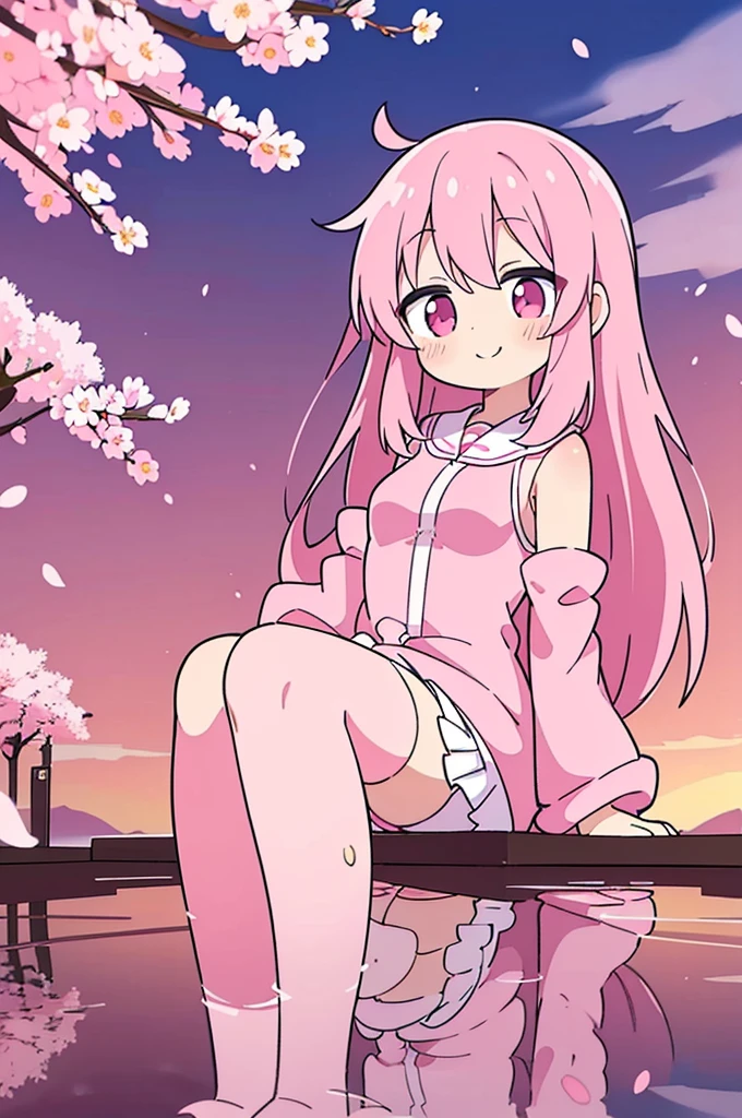 sakuramiku, upper body, smile, blush, sitting, ((cherry blossoms)), ((pink sleeve)), pink tone, ((pink stockings)), pink sky, sunset, lake, reflection