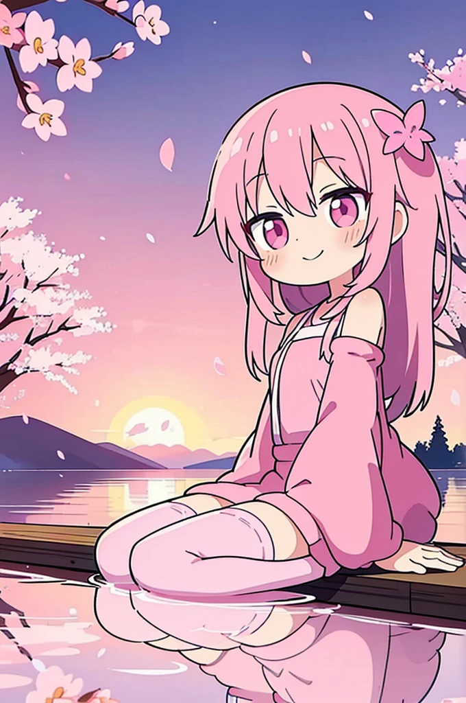 sakuramiku, upper body, smile, blush, sitting, ((cherry blossoms)), ((pink sleeve)), pink tone, ((pink stockings)), pink sky, sunset, lake, reflection