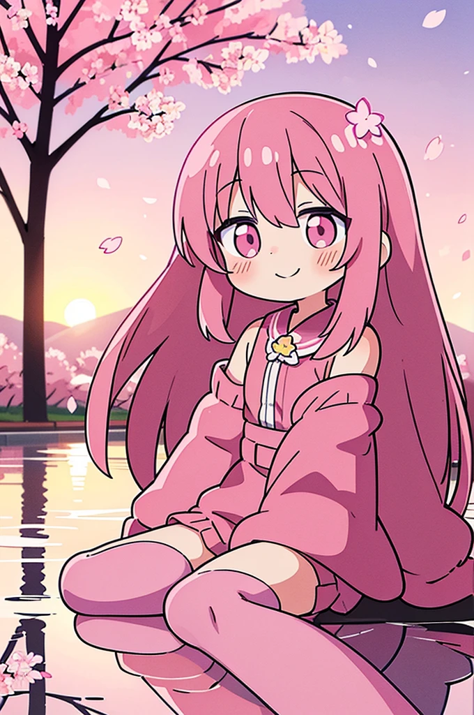 sakuramiku, upper body, smile, blush, sitting, ((cherry blossoms)), ((pink sleeve)), pink tone, ((pink stockings)), pink sky, sunset, lake, reflection