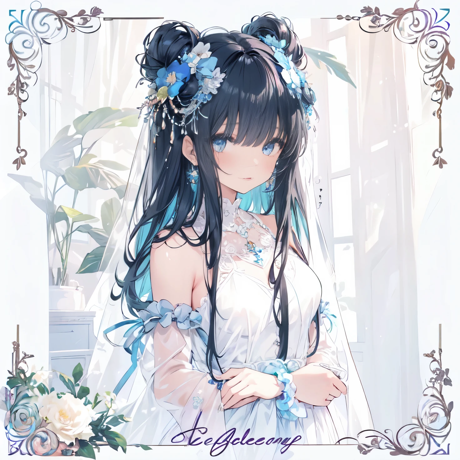 1girl, ((best quality high resolution)), a wig has flower designs and greenery decorating it with a blue and black wig, 1girl, flower, solo, long hair, framed, black hair, blue flower, jewelry, hair ornament