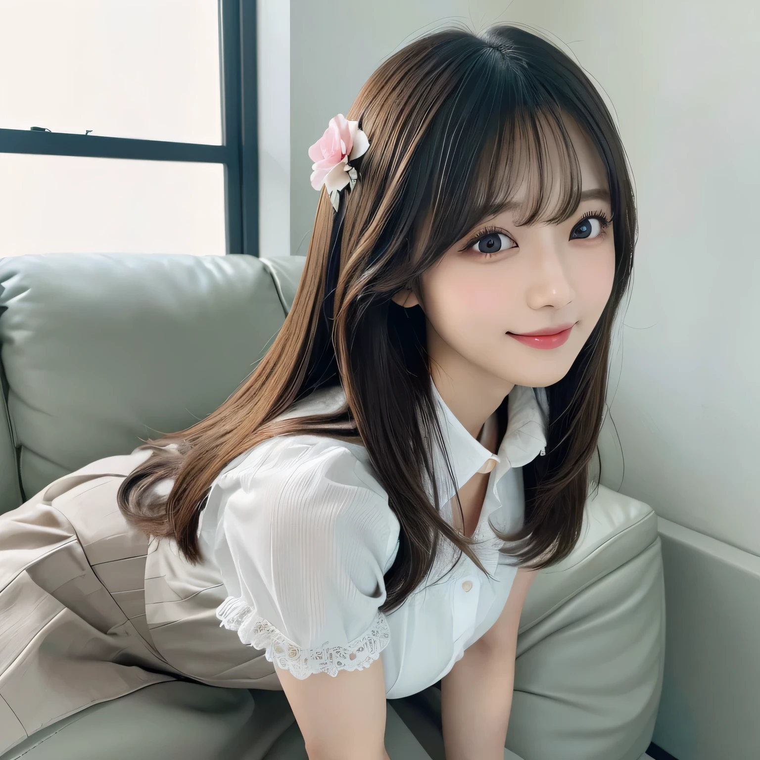 on the table, best quality, illustration, Super detailed, fine details, high resolution, 8k wallpaper, Perfect dynamic composition, Beautiful and delicate eyes,whole body摄影,show your whole body、collared shirt、mini skirt,thin and transparent、long gray hair, Bold sexy pose,Smile,Harajuku、20 year old girl、Eyeliner、beautiful bangs、hair between eyes、((masterpiece、top quality、Super detailed、movie light、intricate details、high resolution、Very detailed))、background for this、8 kood、digital SLR、soft light、high quality、film grain、富士XT3 、shallow view deep、natural soft light、Kamimei、See the knees, set on sofa,Look at the sexy shots of the lens、Above the legs、whole body、Vest、suit、 铅笔mini skirt、Holding a bouquet of flowers、side view