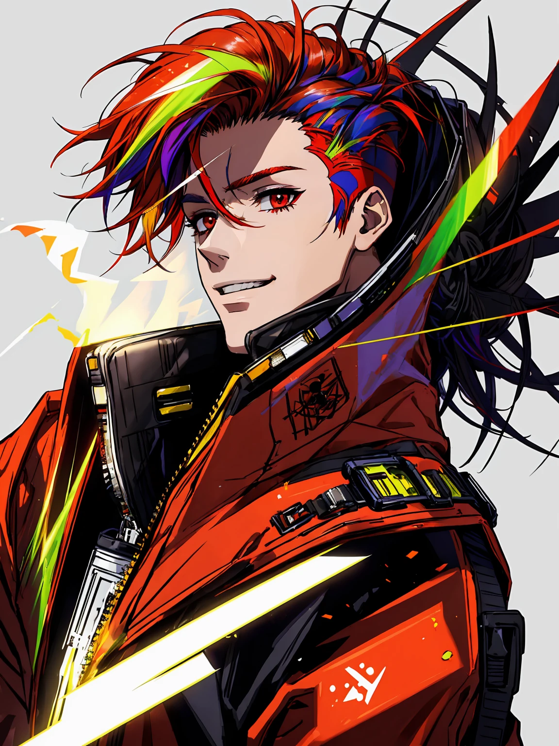 ultra-detailed, ((masterpiece ,best quality)) ,(solo boy 2), from front,Face Shot ,front view ,Half-smile,Half Body Shot ,(multicolored hair,two-tone hair,undercut 1.5) ,spiky hairstyle ,red eyes ,loraeyes,smile ,((red jacket)),body protector,tactical pants, vivid contrast,(best impact 1.5),cyber punk, simple background ,smokeanywhere ,detail tweaker