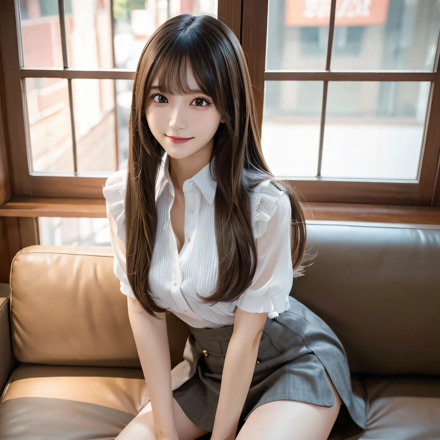 on the table, best quality, illustration, Super detailed, fine details, high resolution, 8k wallpaper, Perfect dynamic composition, Beautiful and delicate eyes,whole body摄影,show your whole body、collared shirt、mini skirt,thin and transparent、long gray hair, Bold sexy pose,Smile,Harajuku、20 year old girl、Eyeliner、beautiful bangs、hair between eyes、((masterpiece、top quality、Super detailed、movie light、intricate details、high resolution、Very detailed))、background for this、8 kood、digital SLR、soft light、high quality、film grain、富士XT3 、shallow view deep、natural soft light、Kamimei、See the knees, set on sofa,Look at the sexy shots of the lens、Above the legs、whole body、Vest、suit、 铅笔mini skirt、Holding a bouquet of flowers、side view