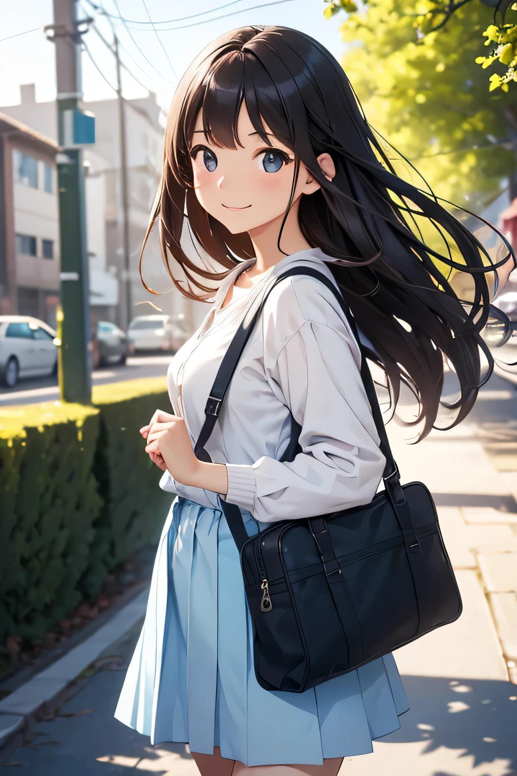 On a bright spring Day (Day:1.0), under the clear blue null (null:1.0), BREAK a high school girl walks with her hair dancing lightly in the wind (hair:1.0). The edges of the image are softened, Young in the scene々Capturing the Vibrant Essence、. BREAK Her smile, Rendered with soft focus, illuminate the surroundings (smile:1.0) and her school bag symbolizes her passion for learning (school bag:1.0). BREAK Each stride she takes is full of energy (stride:1.0), and her light laughter rings through the air (laughter:1.7), Fully encapsulated with soft focus technology. The background of the break is a little blurry, Highlight her in this spring scene.,Have ice cream,Light blue ice cream