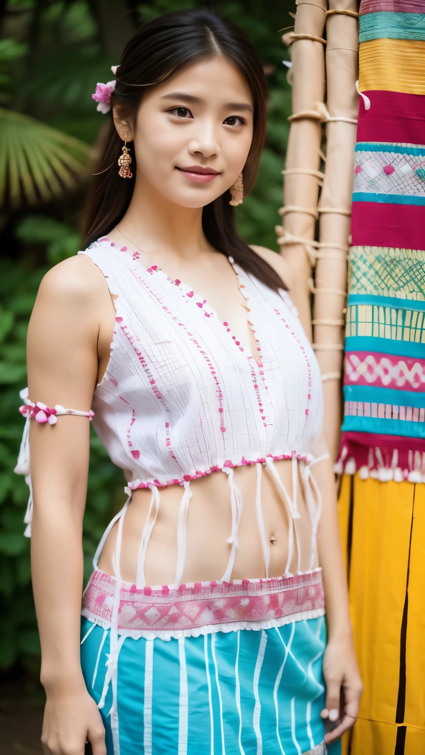 1girl wearing Karen traditional outfit, the blouses are a type of clothing that showcases the skill and creativity of the Karen weavers and embroiderers. They are made of two narrow panels of cotton or silk fabric, woven on backstrap looms, and sewn together to form a tunic-like garment. The ends of the panels are finished with long fringes that hang down from the shoulders and the waist. The blouses are decorated with intricate patterns of embroidery, applique, and beads, using various colors and motifs. Colorful flower crowns, slim fit body, Long shot photography.v shape neck collar line with beads decorated and short sleeves with strings beads decorated, red and white stripes color blouse tunic,sarong is a piece of cloth that is wrapped around the lower body, usually in black color. The sarong is often embroidered with colored thread and beads to create patterns and designs.