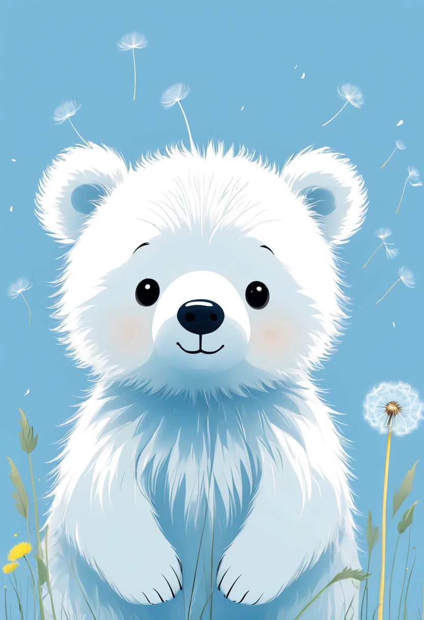 a cute bear, dandelion, cute, in the style of minimalistic drawings, ultrafine detail, light, bright blue, white background, creative commons attribution, mori kei, painted illustrations, serene faces
