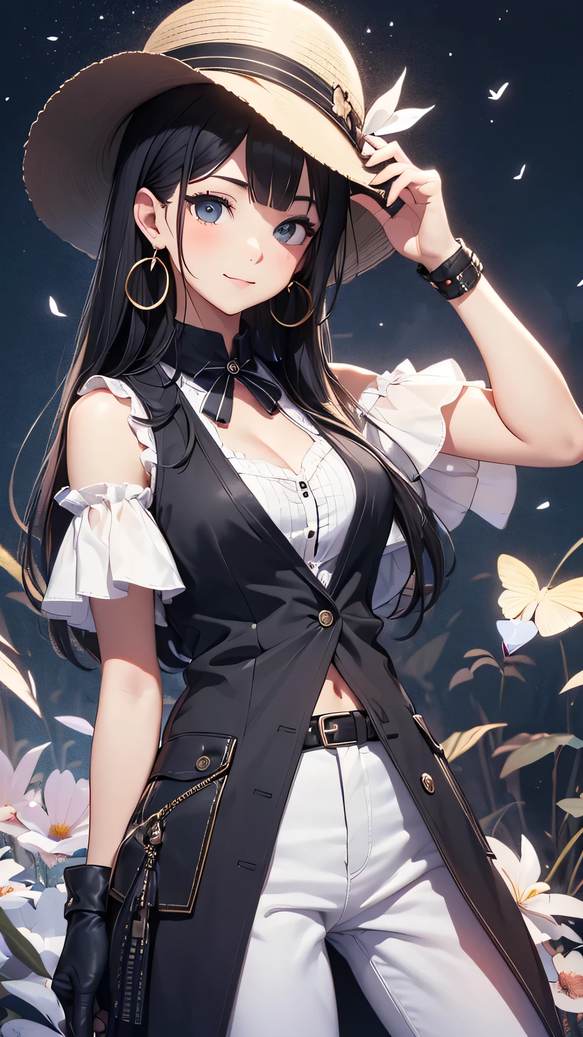 最high quality、best image quality、masterpiece、teenage girl((18-year-old、 By becoming、vest bust、medium bust,wide open breast tea、black eye, black hair、long hair、thin,highest valley、Perforated gloves、blue earrings、cowboy hat、black vest、white t-shirt、torn blue pants、smile、Gesture with hat)),high quality、beautiful art、background((grassland)),debris flies、Depth of written boundary、movie、visual art、perfect art、8K,genuine