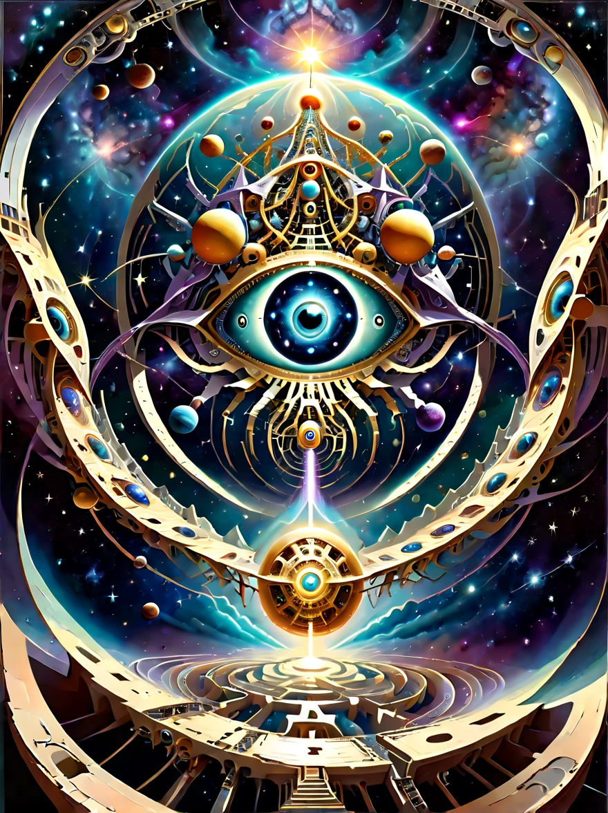 ((escher illusion art style:1.8)),(eyes,space,universe,galaxy,celestial ladder,technology,machinery,chains),composition should be intricate and complex,featuring geometric shapes and patterns to connect these elements in a way that creates strong visual illusions,with the eye as a central element,surrounded by a depiction of universes and galaxies,and advanced technology and machinery elements weaved in,the celestial ladder could be made of chains or mechanical parts,and should connect different parts of the image together,defying gravity and perspective,the overall design should be mesmerizing,creating a sense of disorientation and bewilderment to the viewer,(strong sense of visual illusion)