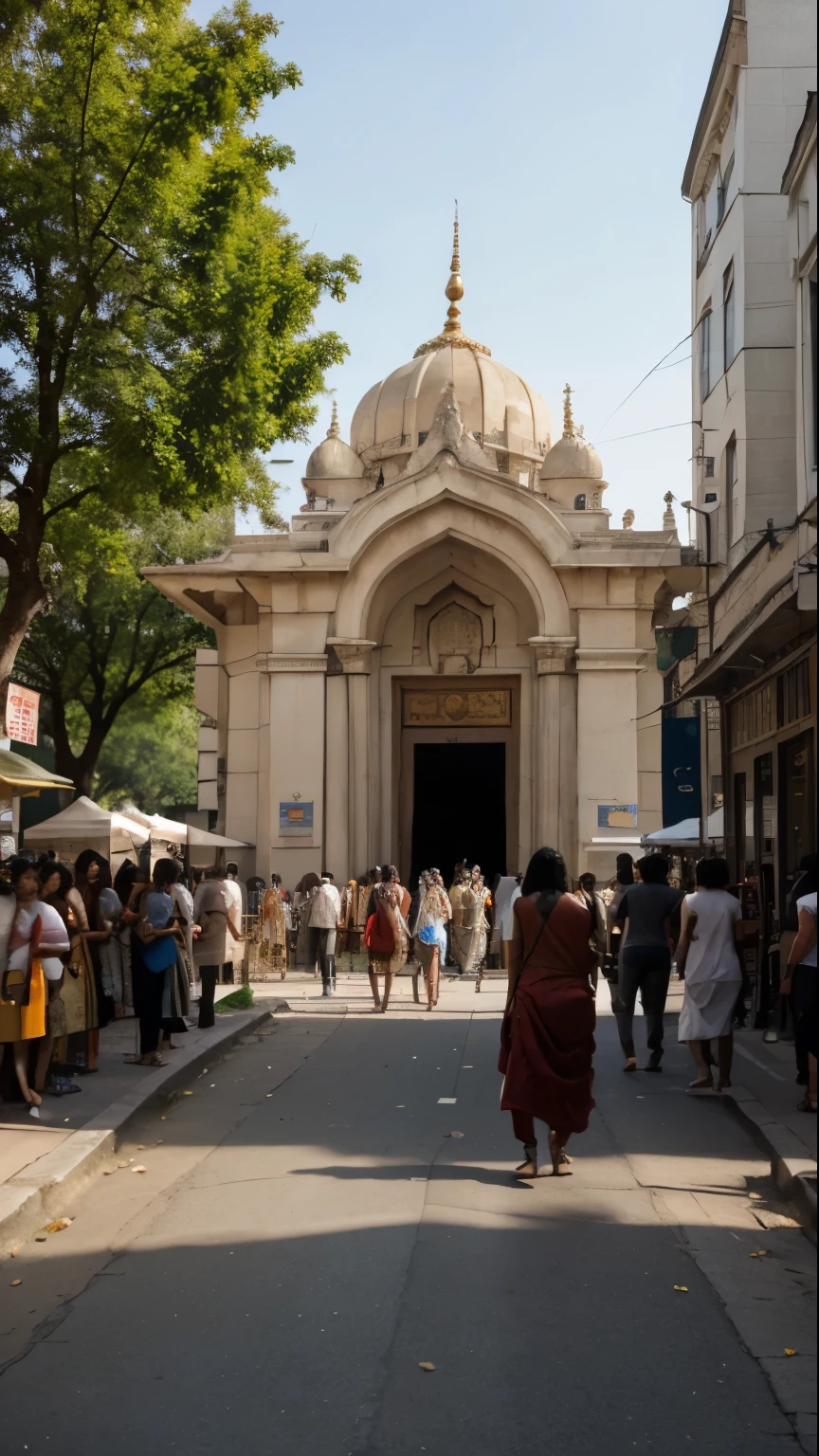 irealistic picture of an indian temple in the middle of the city taken from the street with crowd walking around busy