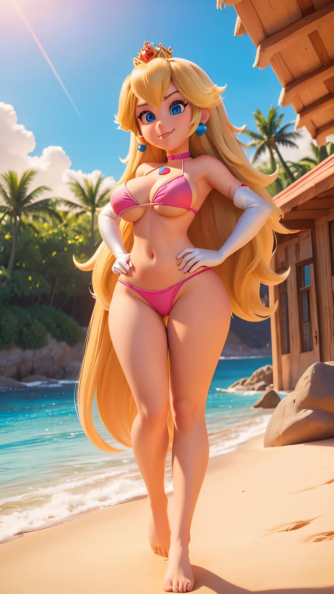 PrincessPeach, gigantic breasts, Big breasts, upper body, masterpiece,8k, best quality, good hands, wide hips,good eyes, pixarstyle, 1girl, solo, style,parody,3d,long hair, detail hair, blonde hair, maximum detail, intricate detail, extremely clear,ray tracing, bikini, beach, nsfw, rtx, pink bikini, smile, shy, blush, embaressed, sexy, scandalous pose