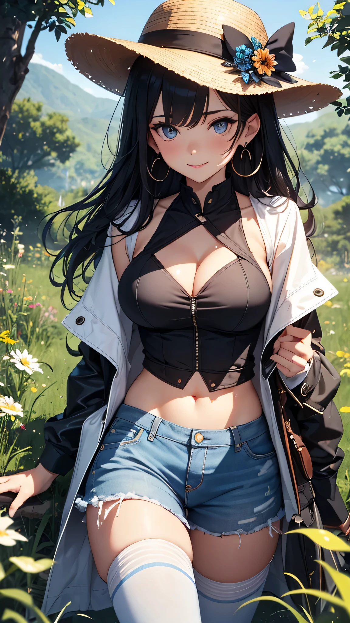 最high quality、best image quality、masterpiece、age girl((18-year-old、 By becoming、vest bust、medium bust,wide open breast tea、black eye, black hair、long hair、thin,highest valley、Perforated gloves、blue earrings、cowboy hat、black vest、white t-shirt、torn blue pants、smile、Gesture with hat)),high quality、beautiful art、background((grassland)),debris flies、Depth of written boundary、movie、visual art、perfect art、8K,genuine