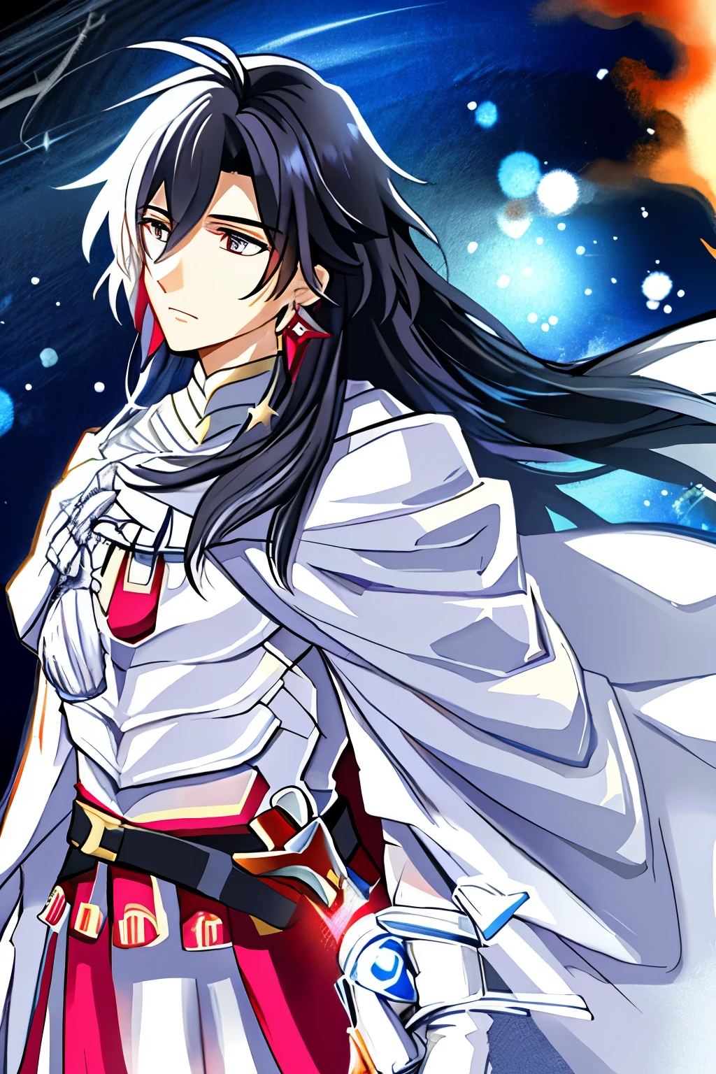 black haired woman、elegant woman、top quality、super detailed、magic effect、wizard、star、tan eyes、Red earrings、long hair、Depressed face、Melancholy look、smart body shape、white armor、white cloak、裏地の赤いwhite cloak、Noble、Woman with large breasts、Hair in the wind、Anime-style、watercolor painting、