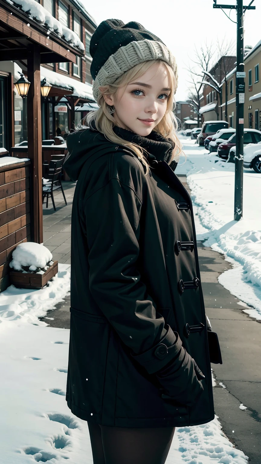 25-year-old Caucasian woman、platinum blonde、blue eyes、semi-long、my hair is wavy、smile、slim muscular body、I don't want my head to disappear from the screen.、wearing a high neck sweater、Wearing a duffel coat、wearing mitten gloves、I'm in a snowy town、wearing a woolen hat、I'm wearing a muffler、I'm in the lobby of a hotel in a winter town.