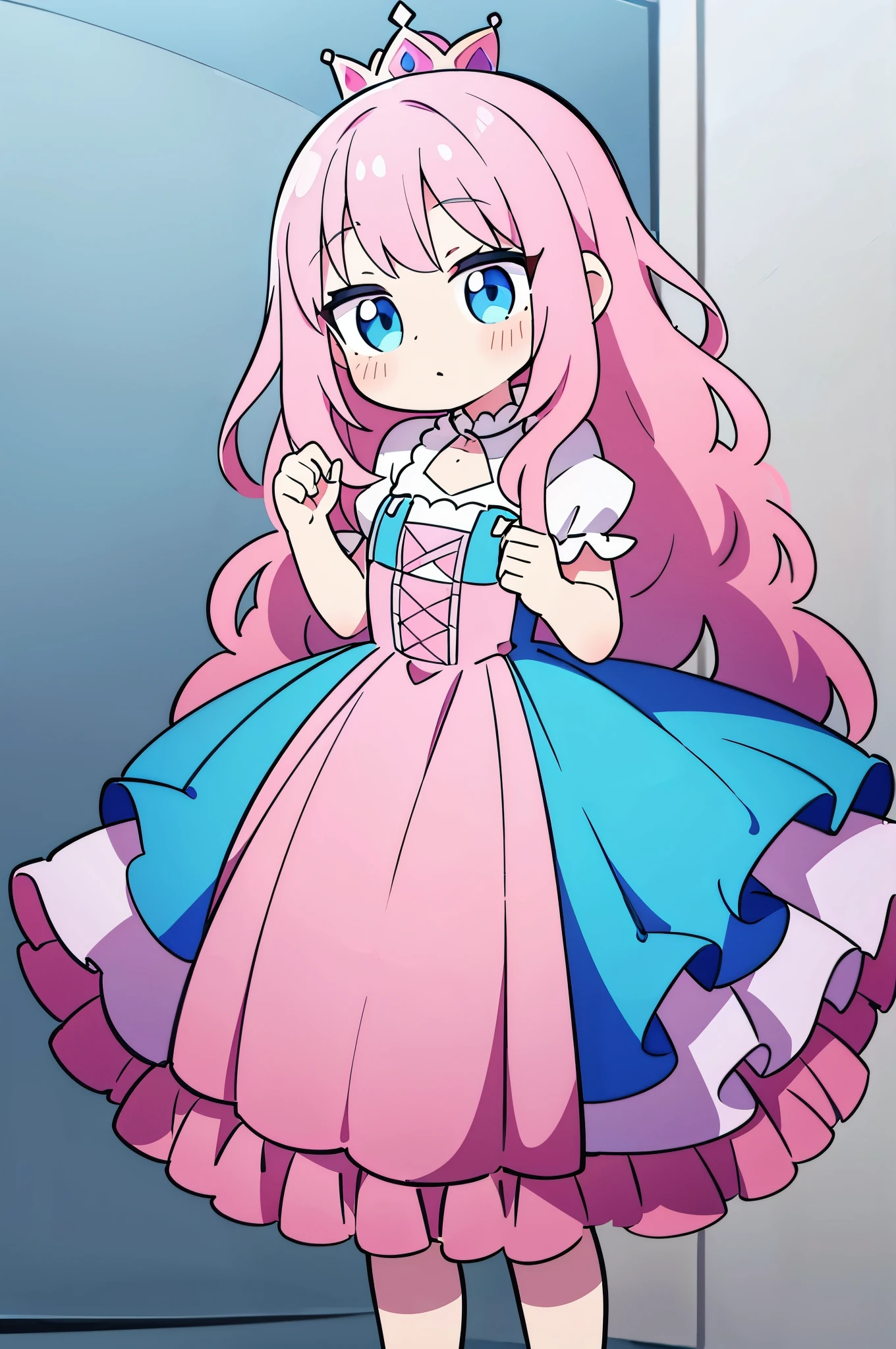 A girl, pink hair, wavy hair, light blue eyes, wearing a royal princess dress,  palace background.