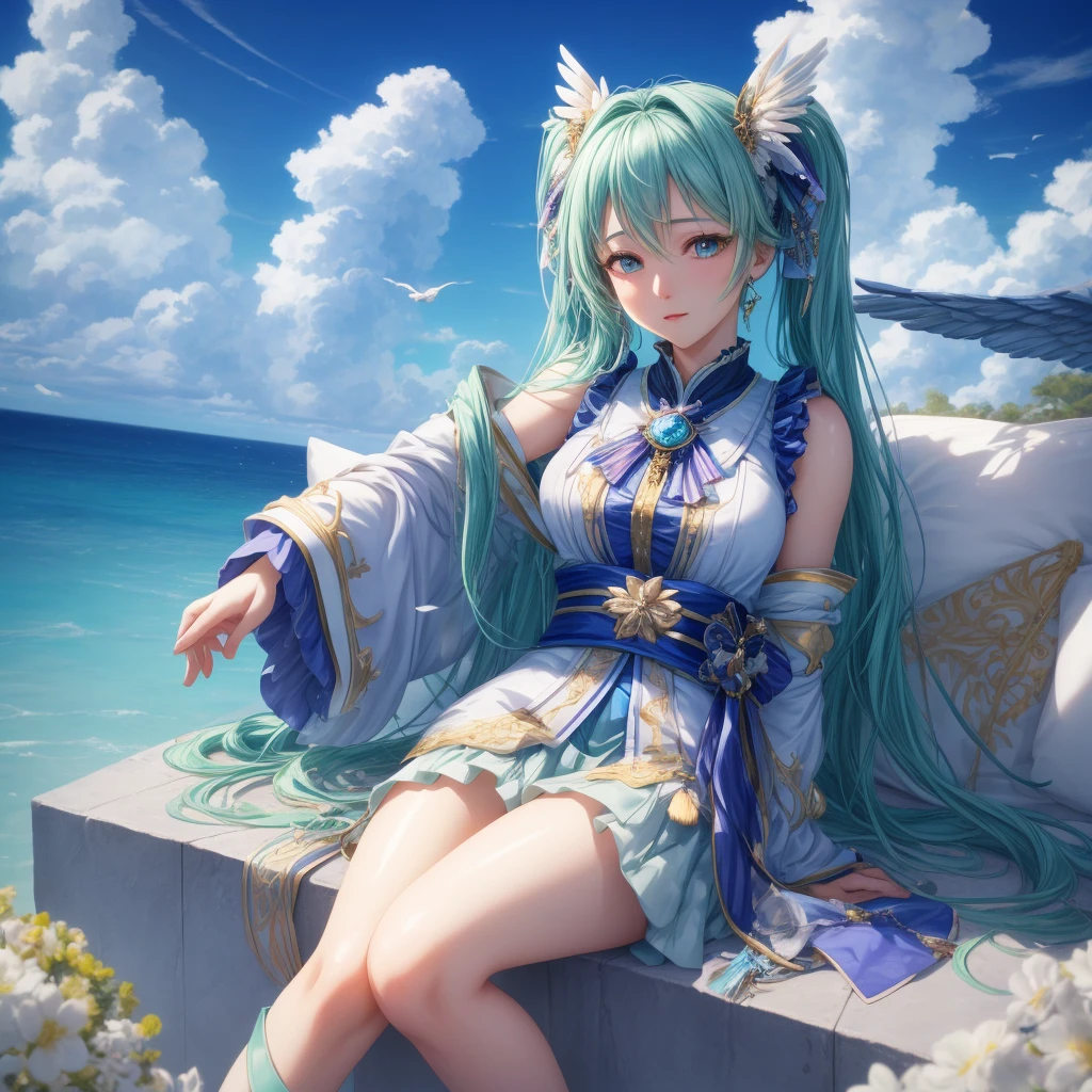 Hatsune Miraku, the cherished virtual idol, is depicted in a captivating scene, sitting in a front view position on fluffy clouds. The wide-angle lens emphasizes her detailed appearance, showcasing every curve and contour in her design. The vivid colors of her outfit pop against the soft, white clouds. With a dreamy expression, she gazes directly at the viewer, her eyes sparkling with life.
The clouds around her are meticulously rendered in 3D, with detailed textures and subtle, lifelike movements. Realistic, winged birds hover nearby, adding a touch of whimsy to the scene. Octane renderer brings the image to life with