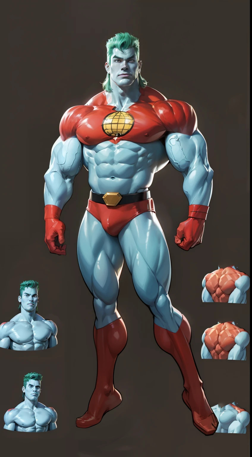 captain planet, design sheet, ((thin jaw)), captain planet, blue face, colored skin, (slendered abs), green hair, masterpiece ,muscular, (veiny biceps:1.1), big arms, chiseled chest, detailed , shiny skin, powerful, godlike, v shape body, wide lat muscles, broad shoulders, large biceps, slender legs, (veiny legs), masterpiece, smaller legs, larger upper body