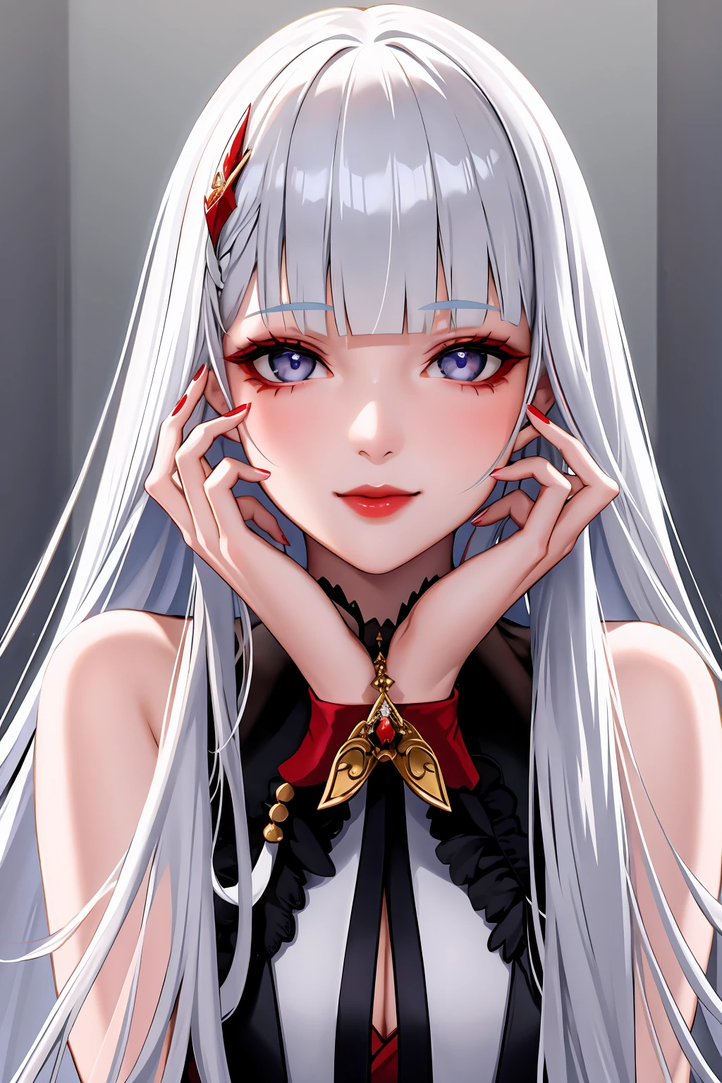 1girl, solo, long hair, looking at viewer, smile, blue eyes, hair ornament, white background, jewelry, white hair, closed mouth, blunt bangs, nail polish, bracelet, lips, grey eyes, portrait, red nails, close-up, red lips, hands on own face, hands on own cheeks,(mature female),(shiny skin),((steaming body))