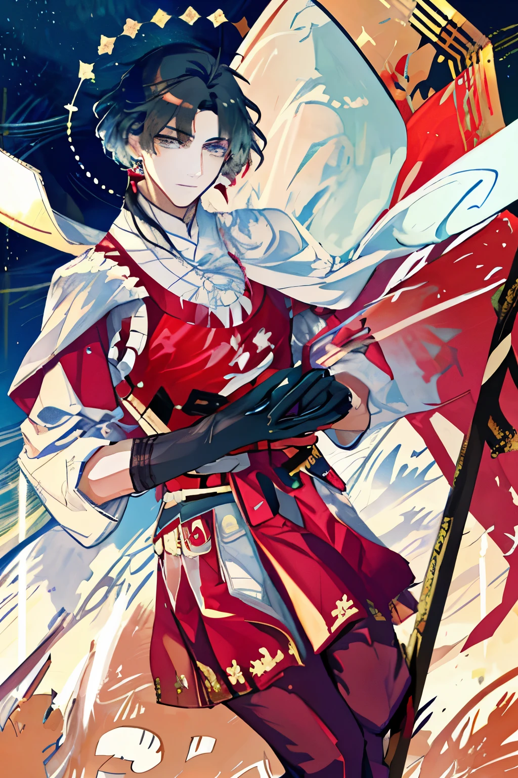 masterpiece, high quality, table top、masterpiece, 最high quality, 1 person, adult, Handsome, tall muscular man, wide shoulders, fine eyes and detailed face, Highly detailed CG Unity 8K wallpaper, intricate details, intricate details, beige long hair, wizard, commander, night, magic effect, burn, top view, from below, Depth of bounds written、dark background、red earrings、half up hairstyle、red hair rubber、white flowers in hair knot