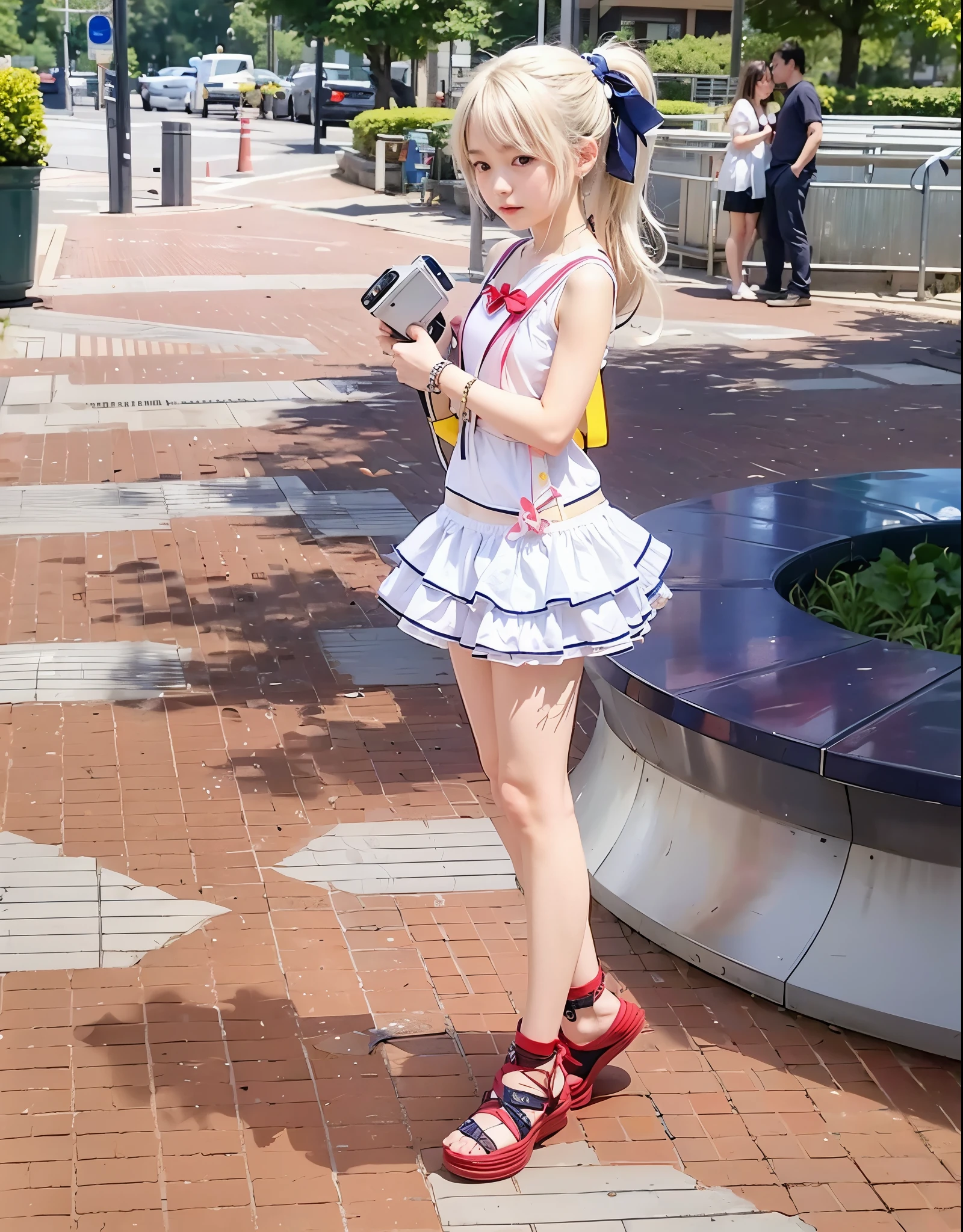 Nao tomori, charlotte, girl, twenies, white ponytail hair with navy blue ribbon, blue eyes, pink tank top with red ribbon, white bracelet, white skirt, yellow totebag, holding handycam