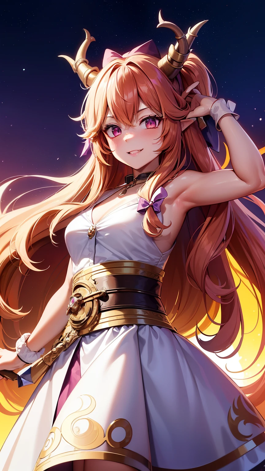 (high-quality, breathtaking),(expressive eyes, perfect face) 1female, female, solo, teenager, long hair length, wavy curly hair, messy hair, golden hair, multicolored hair, orange and pink eye color, mature, gentle expression, bright smile, small elegant horns, low ponytail hairstyle, Night time background, beautiful outfit, adventurers fantasy clothing, Magic background, Ibuki Sauika Character, carrys belt of potions, white and purple dress, red sash belt tied around waist, decorations wrapped around horns, potions theme, holding a magic flask that flows, Demonic Kitsune, 2 Tails, spy x family artstyle
