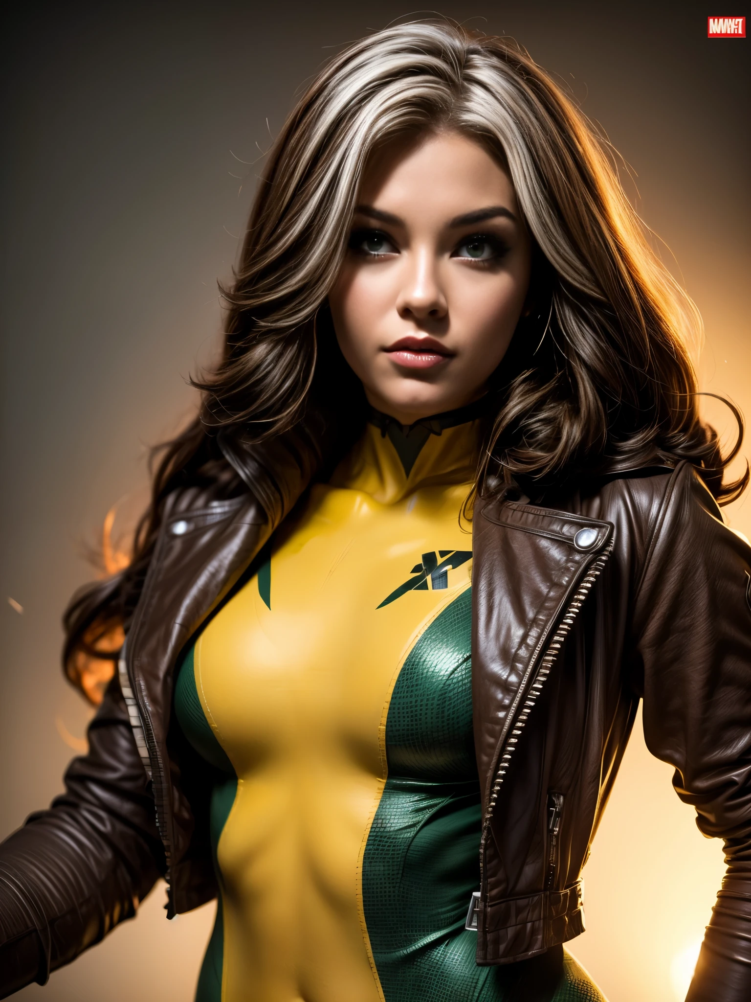 Madison Beer as Rogue (X-Men), Gothic Girl, Sculptural Body Gothic Makeup, brown jacket, yellow and green bodysuit, Masterpiece, Best Quality, Cowboy Shot, 1girl, Solo, Tenological Military Bodysuit, Fringe.
