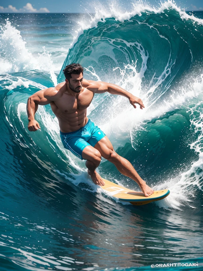 8k,8K resolution,一位武术家打扮的surf者,Riding on the top of a huge wave,Use kung fu and water control to navigate the water,Enjoy panoramic views of the sea and turquoise waves,muscular european, handsome man,charming eyes,rough real skin,beautiful, smooth and shiny,Full muscles,Thick body hair, (Wearing fashionable swimming trunks),big bag,emphasize,Neon Wai full of healing power,bright colors,dynamic composition,Canon EO SRS camera,FU J if11M PR O400H film,35mm lens,shallow view deep,surf,The waves are high,Dashing out of the waves quickly on a skateboard with both feet,Beautiful and professional pose,professional lighting,Professional photography,Realistic photos,realistic model,realistic art