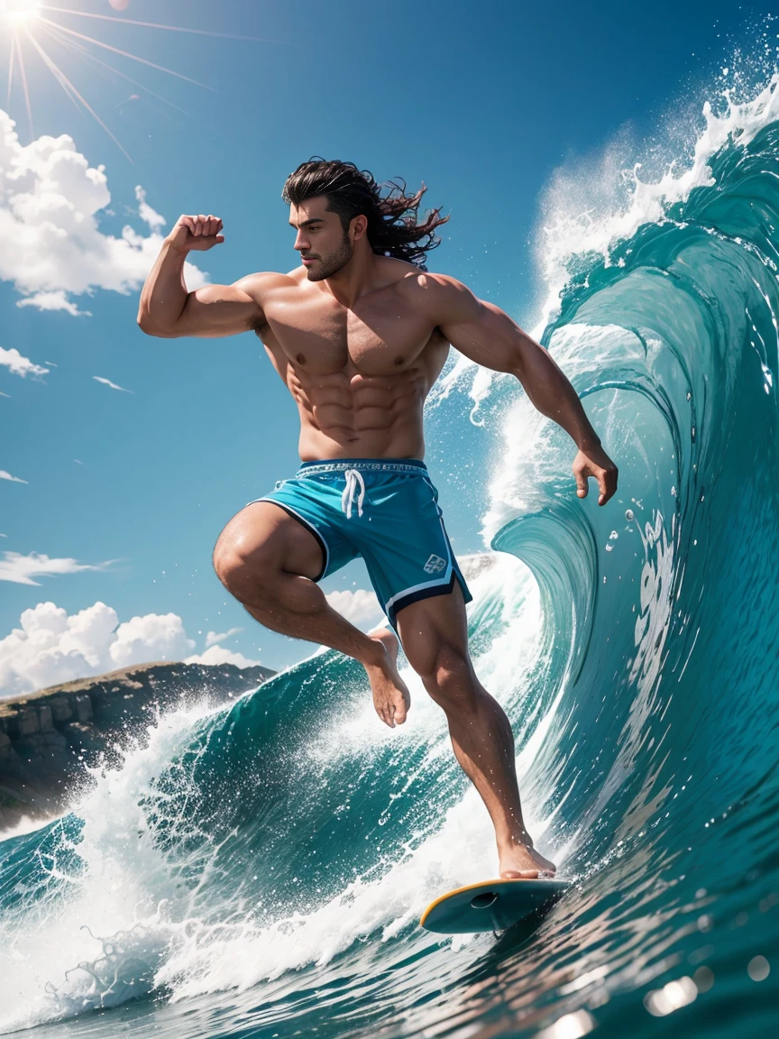 8k,8K resolution,一位武术家打扮的surf者,Riding on the top of a huge wave,Use kung fu and water control to navigate the water,Enjoy panoramic views of the sea and turquoise waves,muscular european, handsome man,charming eyes,rough real skin,beautiful, smooth and shiny,Full muscles,Thick body hair, (Wearing fashionable swimming trunks),big bag,emphasize,Neon Wai full of healing power,bright colors,dynamic composition,Canon EO SRS camera,FU J if11M PR O400H film,35mm lens,shallow view deep,surf,The waves are high,Dashing out of the waves quickly on a skateboard with both feet,Beautiful and professional pose,professional lighting,Professional photography,Realistic photos,realistic model,realistic art