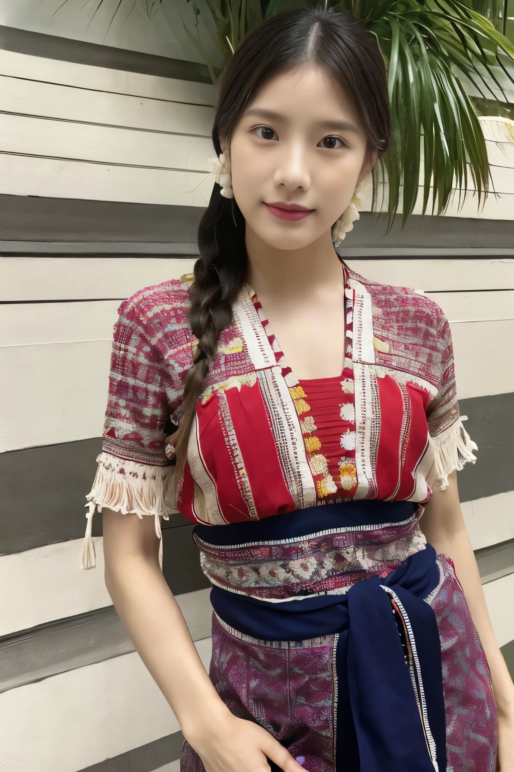 1girl wearing Karen traditional outfit, the blouses are a type of clothing that showcases the skill and creativity of the Karen weavers and embroiderers. They are made of two narrow panels of cotton or silk fabric, woven on backstrap looms, and sewn together to form a tunic-like garment. The ends of the panels are finished with long fringes that hang down from the shoulders and the waist. The blouses are decorated with intricate patterns of embroidery, applique, and beads, using various colors and motifs. Colorful flower crowns, slim fit body, Long shot photography.v shape neck collar line with beads decorated and short sleeves with strings beads decorated, red  stripes color blouse tunic,she wearing sarong is a piece of cloth that is wrapped around the lower body . The sarong is often embroidered with colored thread and beads to create patterns and designs.the sarong is wearing under the blouse tunic.