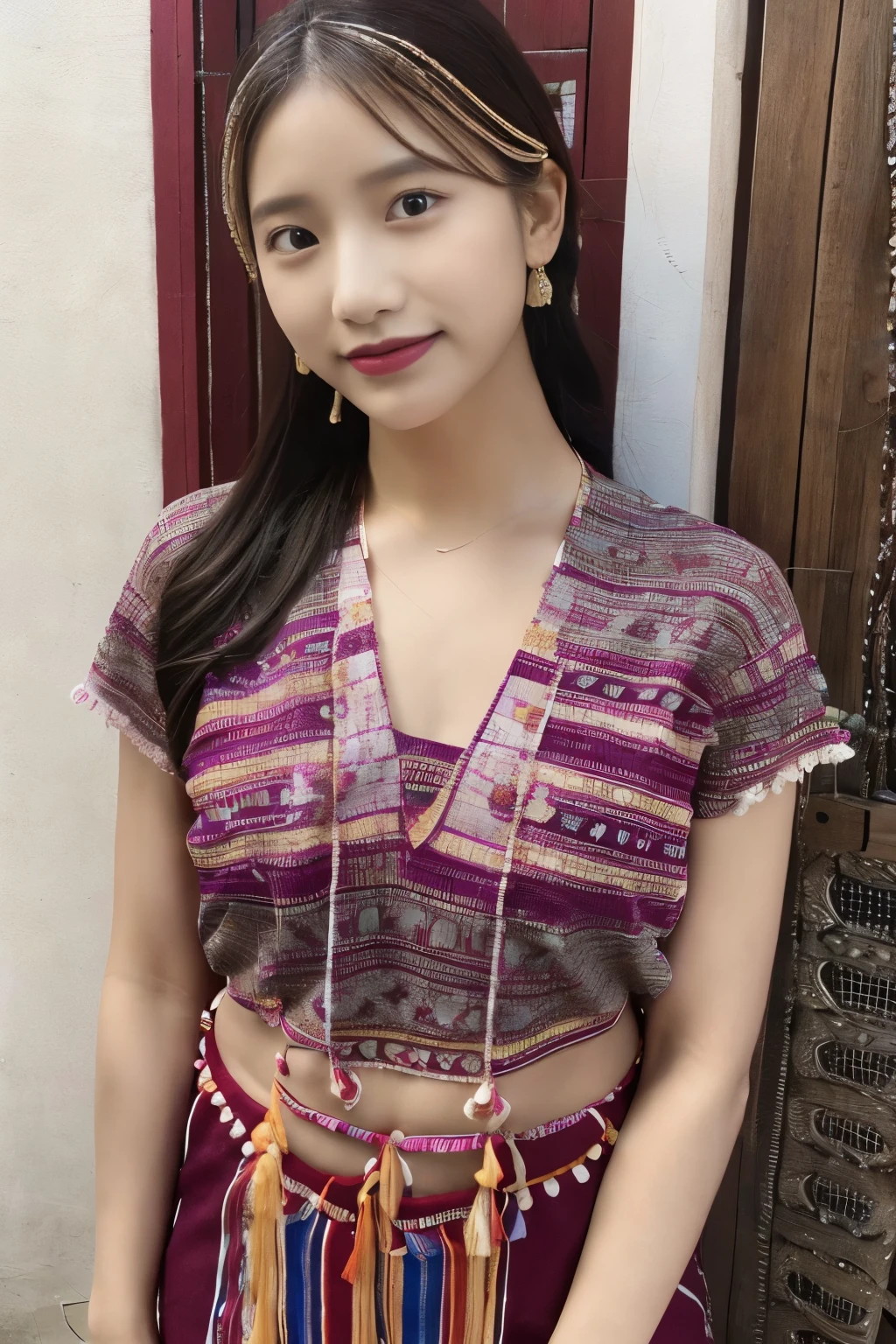 1girl wearing Karen traditional outfit, the blouses are a type of clothing that showcases the skill and creativity of the Karen weavers and embroiderers. They are made of two narrow panels of cotton or silk fabric, woven on backstrap looms, and sewn together to form a tunic-like garment. The ends of the panels are finished with long fringes that hang down from the shoulders and the waist. The blouses are decorated with intricate patterns of embroidery, applique, and beads, using various colors and motifs. Colorful flower crowns, slim fit body, Long shot photography.v shape neck collar line with beads decorated and short sleeves with strings beads decorated, red stripes color blouse tunic,she wearing sarong is a piece of cloth that is wrapped around the lower body . The sarong is often embroidered with colored thread and beads to create patterns and designs.the sarong is wearing under the blouse tunic.