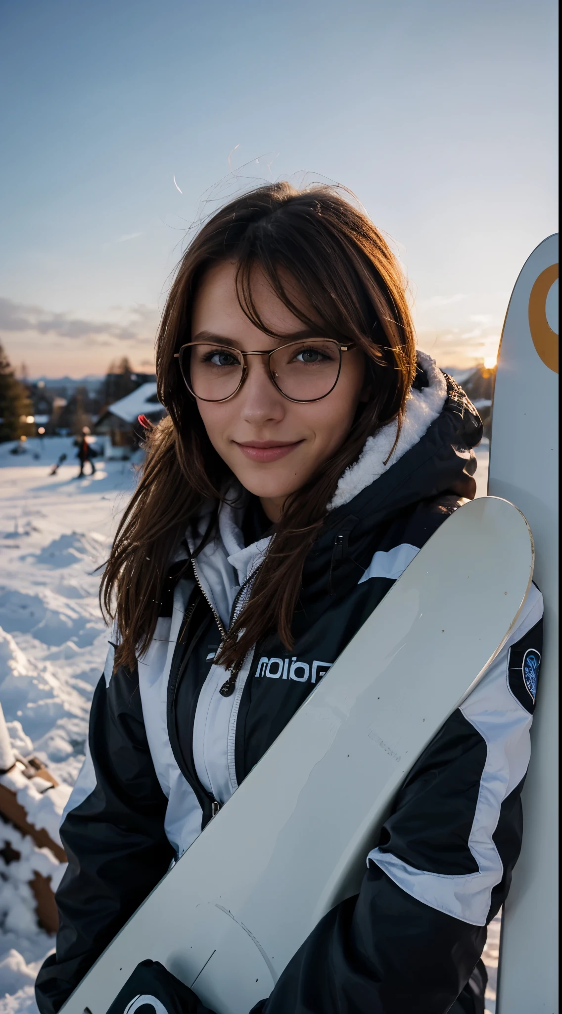 braune Haare, Frau 20 Jahre, Seductive smile, Sonnenbrille, schlank, sportliche Figur, Snowboarderin, Winterlandschaft, Dusk