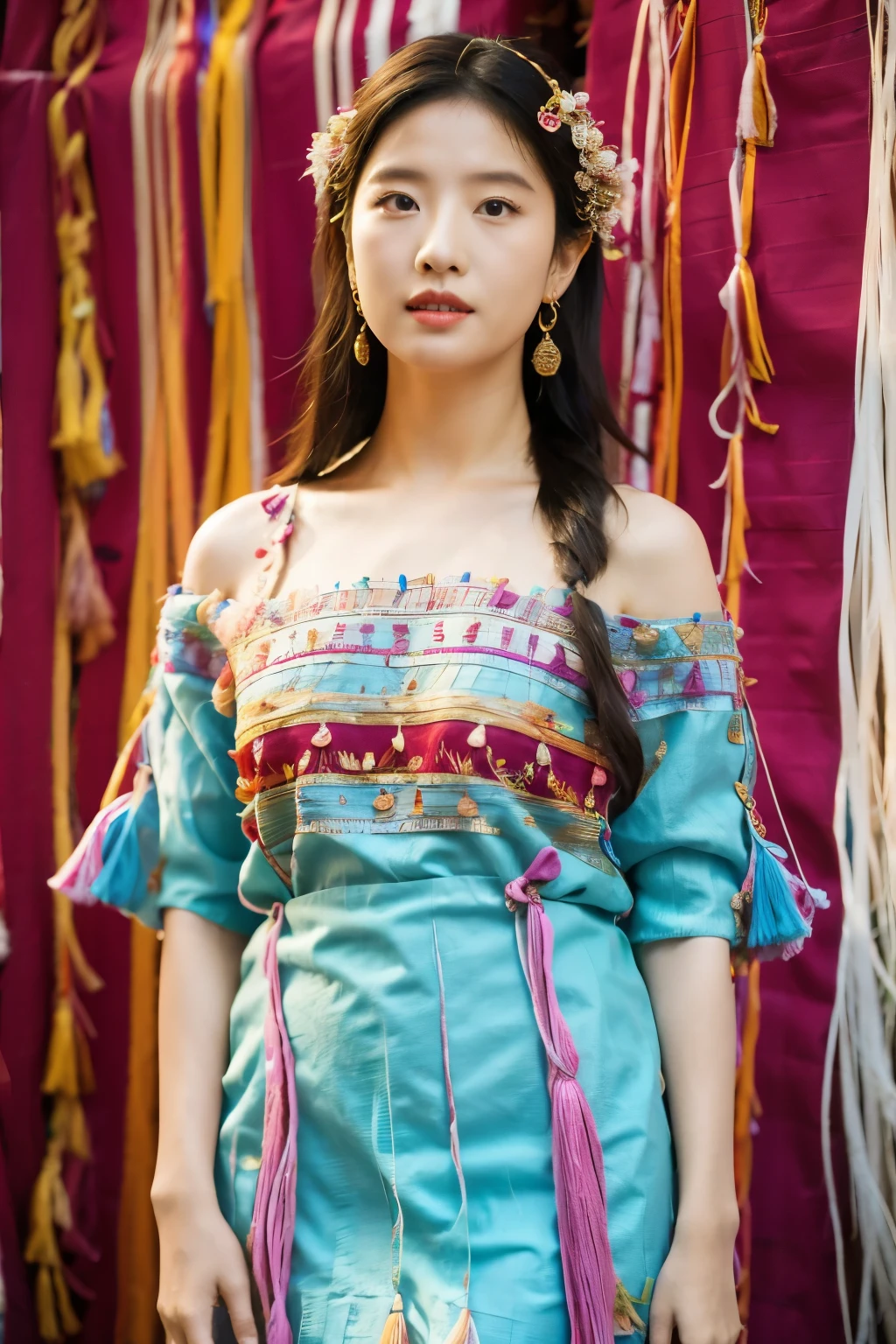 1girl wearing Karen traditional outfit, the blouses are a type of clothing that showcases the skill and creativity of the Karen weavers and embroiderers. They are made of two narrow panels of cotton or silk fabric, woven on backstrap looms, and sewn together to form a tunic-like garment. The ends of the panels are finished with long fringes that hang down from the shoulders and the waist. The blouses are decorated with intricate patterns of embroidery, applique, and beads, using various colors and motifs. Colorful flower crowns, slim fit body, Long shot photography.v shape neck collar line with beads decorated and short sleeves with strings beads decorated, red  stripes color blouse tunic,she wearing sarong is a piece of cloth that is wrapped around the lower body . The sarong is often embroidered with colored thread and beads to create patterns and designs.the sarong is wearing under the blouse tunic.