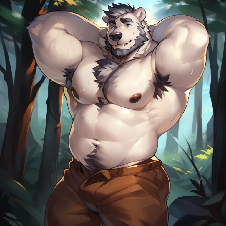 Solo, male, by darkgem, by mystikfox61, by glitter trap boy, standing, beard, very muscular, buff, strong, enormous, big, giant, powerful, tall polar bear, brown pants, no shirt, blue eyes, grey hair, sweat, sweaty, forest, nipples, hands behind head, armpit hair