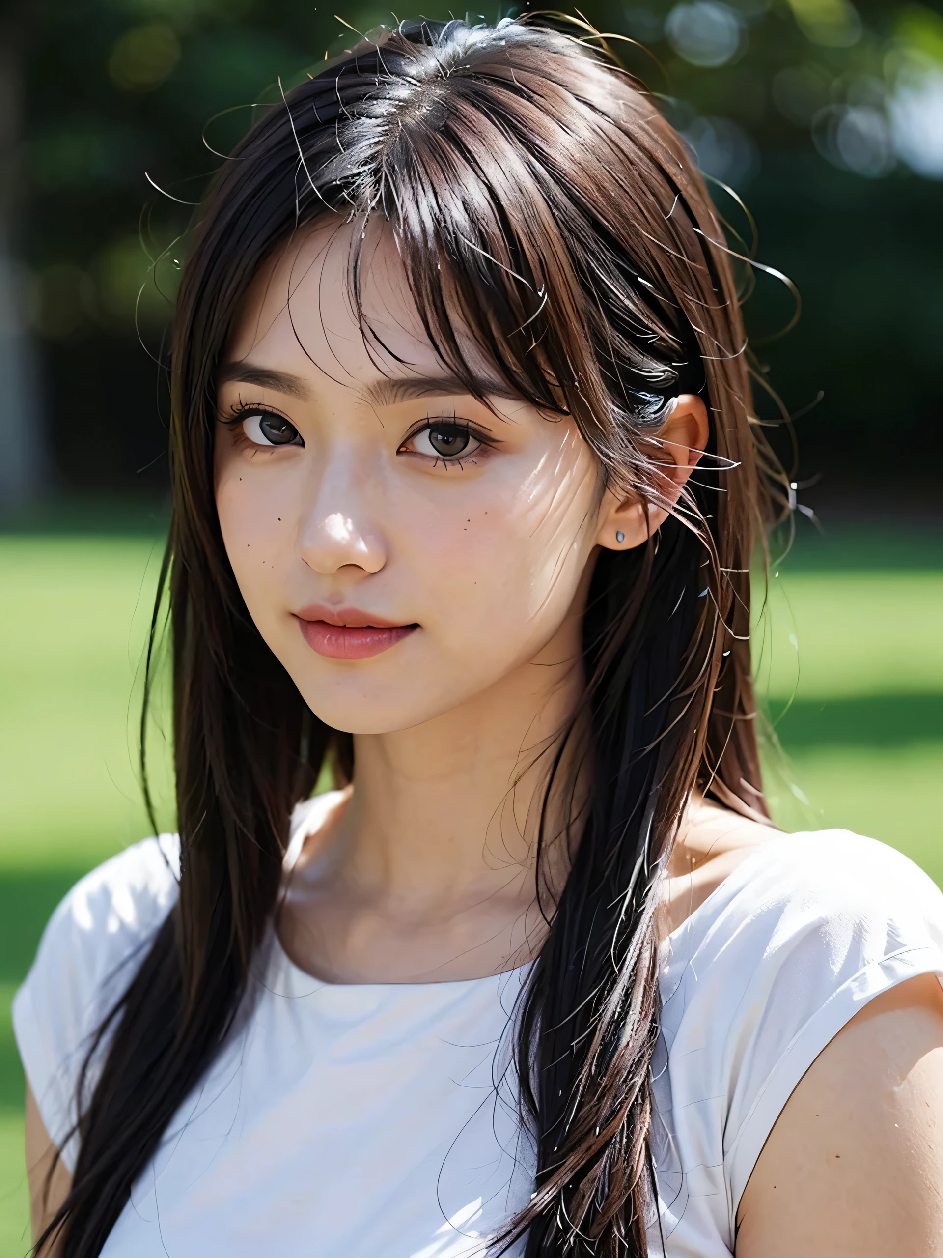 Upper body、avert your eyes、cute japanese girl, gentle features、super cute face、glossy lips、double eyelids in both eyes、natural makeup, smile, long eyelashes are bright, medium hair, Smooth light brown hair、hair swaying in the wind, bangs、center image、8K、high detail、detailed hairstyle、detailed face、great movie lighting、octane rendering、vibrant、surreal、perfect limbs、perfect anatomy, beautiful proportions, blouse,