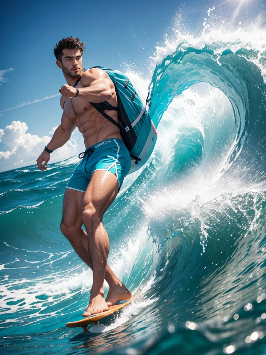 8k,8K resolution,一位武术家打扮的surf者,Riding on the top of a huge wave,Use kung fu and water control to navigate the water,Enjoy panoramic views of the sea and turquoise waves,muscular european, handsome man,charming eyes,rough real skin,beautiful, smooth and shiny,Full muscles,Thick body hair, (Wearing fashionable swimming trunks),big bag,emphasize,Neon Wai full of healing power,bright colors,dynamic composition,Canon EO SRS camera,FU J if11M PR O400H film,35mm lens,shallow view deep,surf,The waves are high,Dashing out of the waves quickly on a skateboard with both feet,Beautiful and professional pose,professional lighting,Professional photography,Realistic photos,realistic model,realistic art