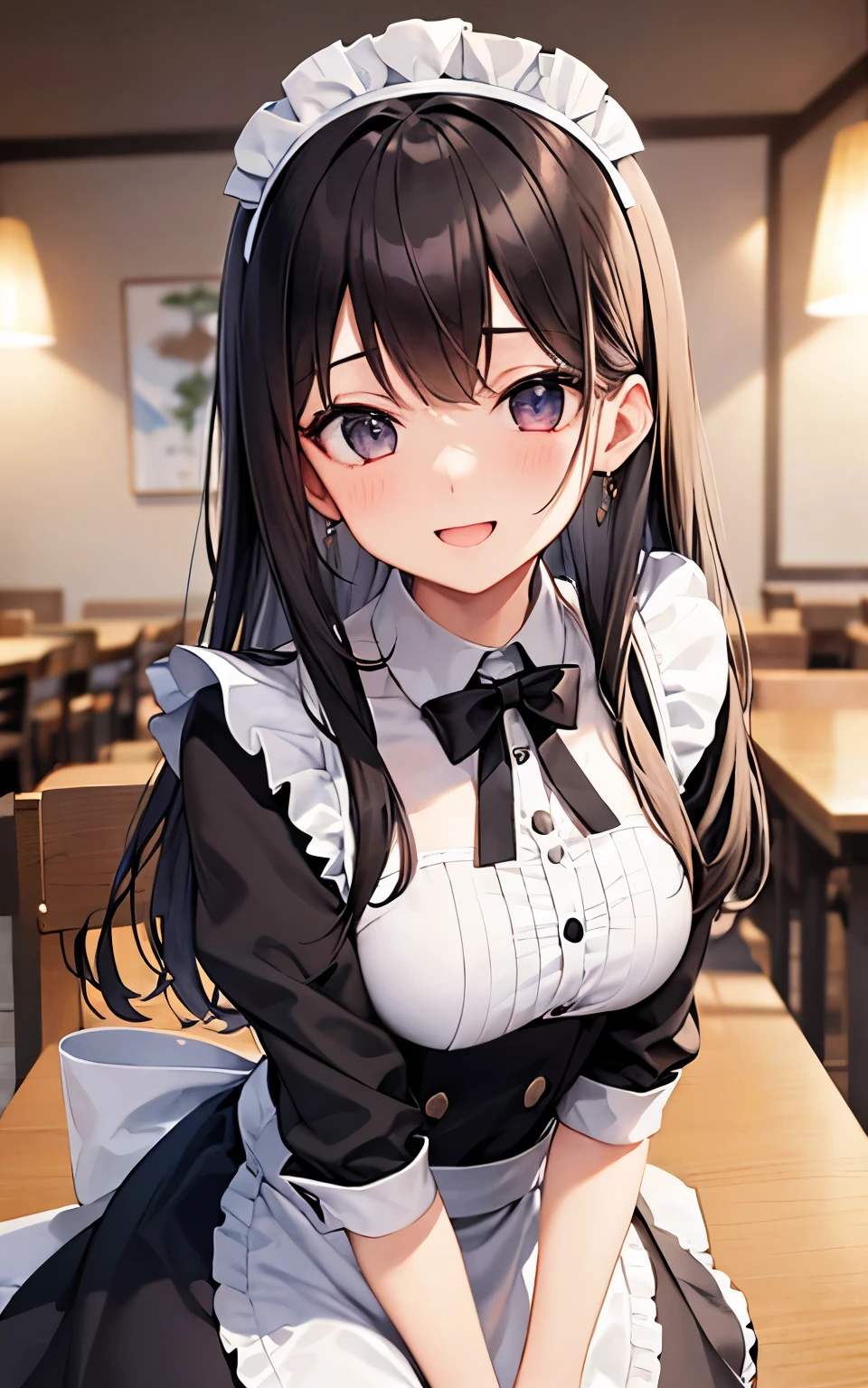 beautiful girl、Maid Cafe、Maid clothes、Upper body is shown、Dazzling smile、