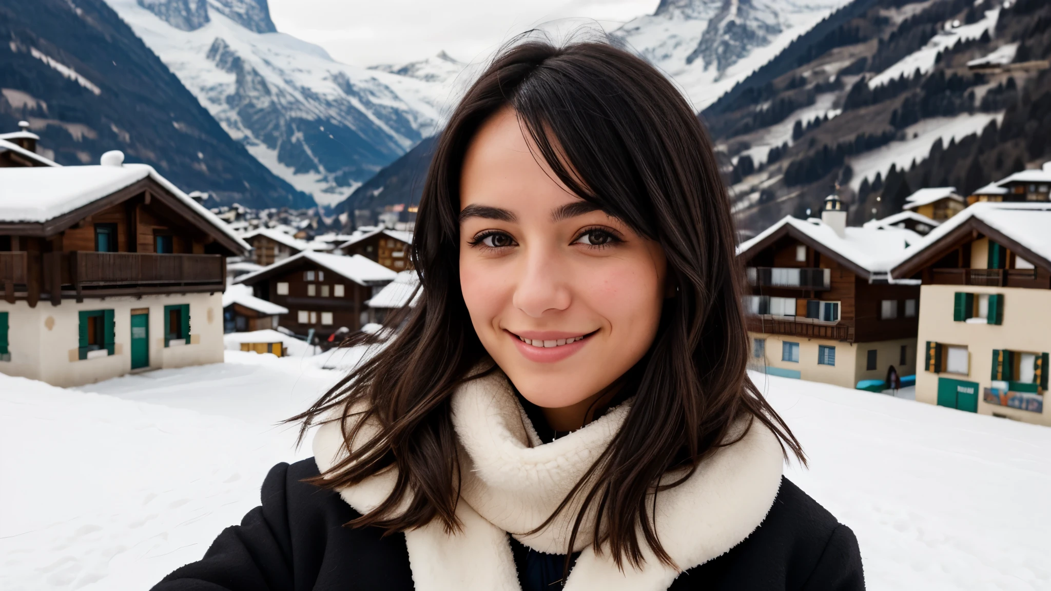 Instagram pictures, a french girl, Shoulder length hair, black hair, Close-up photo, coat, The backdrop is the village of Zermatt., Switzerland, smile a little,