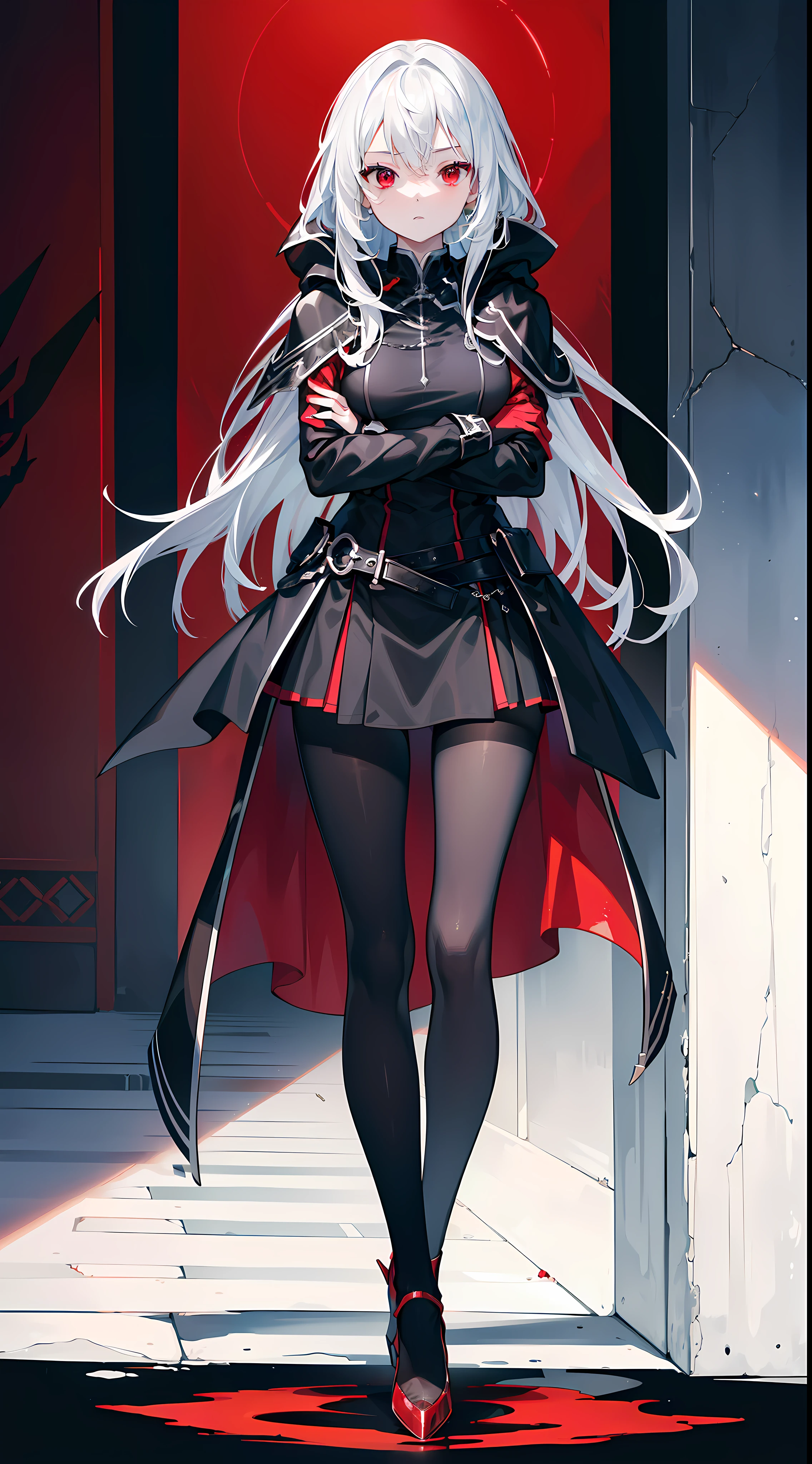 (masterpiece, best quality, highres, high quality:1.2), award winning, super detail, high details, textured skin, anatomically correct, ccurate, UHD, retina, ((4k,1080P, HD)), silver white hair, long hair, shinny hair, perfect breasts, small breasts, charming and stunning woman, attractive beauty, pantyhose black, ((black Cloak)), high heels, ((Crimson red Eyes)), crimson throne, crimson palace, (crimson lightning),((perfect anatomy)), ((1girl)), perfect hands,black gloves, ((standing)), ((crossed arms)), (mature young woman), cute girl, beautiful girl, ((high shot angle)),black short skirt, (perfect legs), ((beautiful and stunning young girl, attractive girl)), ((perfect body, sexy body)), (((full body))),((ultra_detailed)), ((standing straight)), ((she is short, short legs)), young female girl