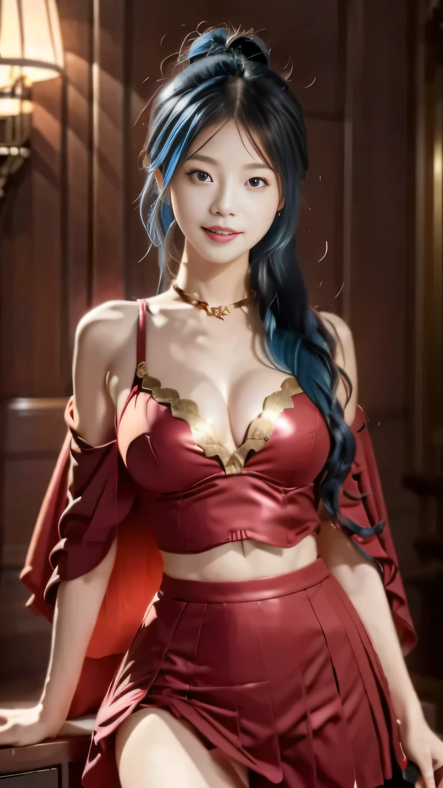 Chinese female general Hua Mulan,Saffron Hu suit lining,Detail the eyes,Crimson cape,Gold metal breastplate,Breasts are full and erect,golden helmet,battlefield background,majestic,Smile(open mouth)(The corners of the mouth are raised),Leather tunic,(White pleated skirt)Knee armor,Half-length photo,red metal headband,light blue hair,Hair bun raised high。(grassland background)
