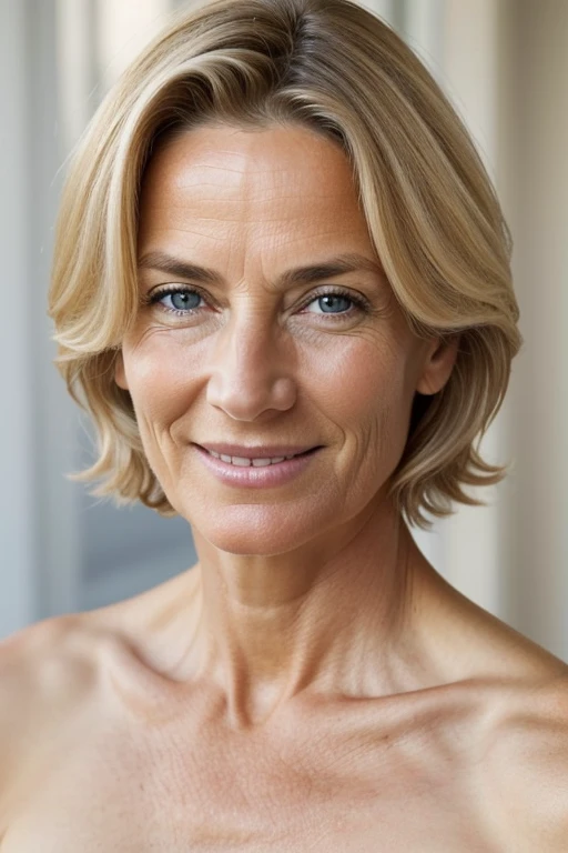 50yo european woman, mature, beautiful female arafed model, eye wrinkle , attractive beautiful face, blond hair with blond highlights, big saggy , fotorealistisch, Sommersprossen Gesicht, Cinematically beautiful natural skin, fit body, beautiful model girl, guckt direkt in die Kamera, RAW Fotografie sehr realistisch, naked, (full lenth shot:1.3), shot taken from hip height, smile