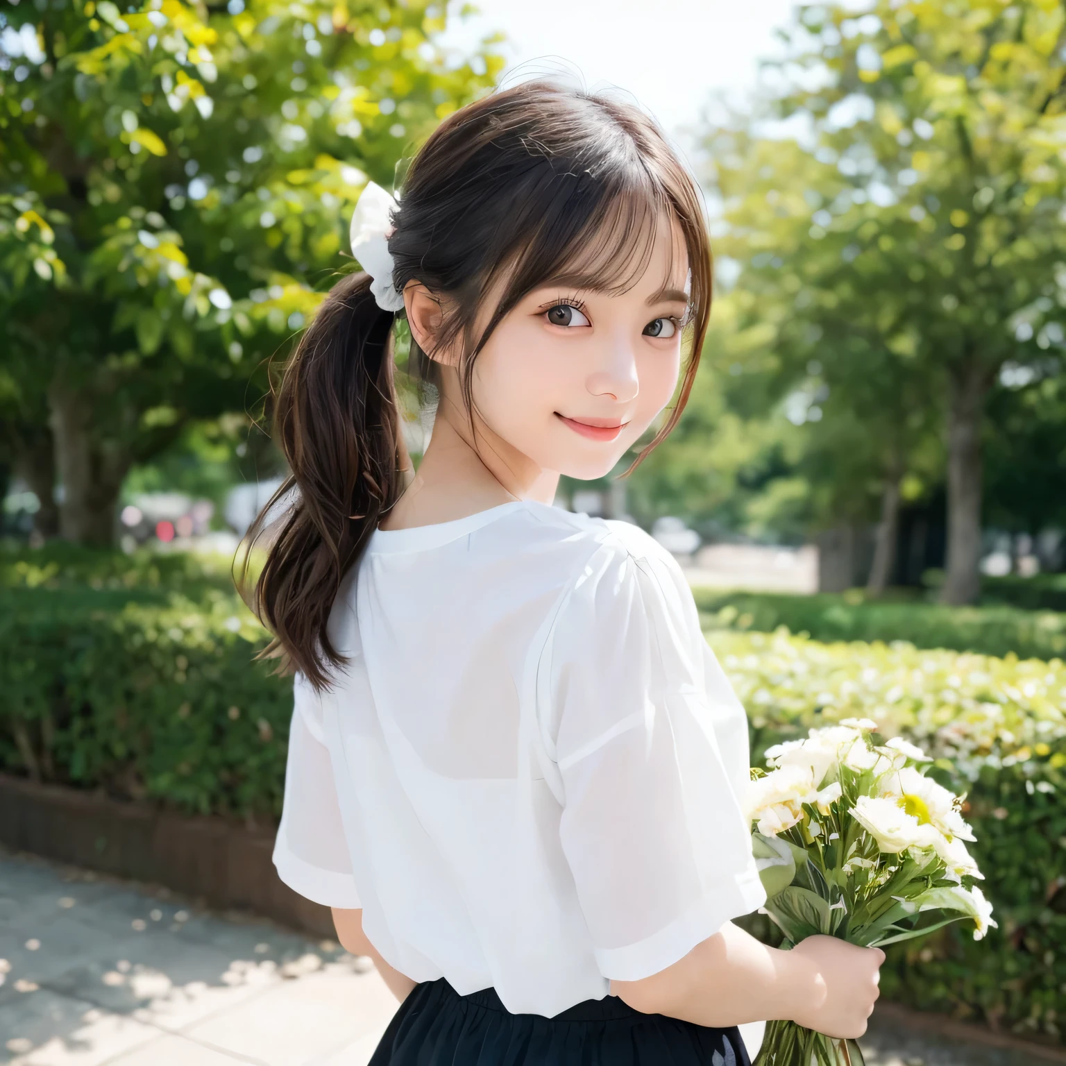 Smile、night、original photography、(((ultimate beauty portrait)))、((sparkling skin))、1 girl、24 year old beautiful girl from Prague、bright expression、((brown hair))、((Big eyes sparkling like gems))、、pantyhose、Glowing and radiant skin、(medium hair)、(silk ponytail)、(standing)、(from below)、under skirt、(from below看内衣的特写)、Eyeliner、beautiful bangs、hair between eyes、((masterpiece、top quality、Super detailed、movie light、intricate details、high resolution、Very detailed))、background for this、8 kood、digital SLR、soft light、high quality、film grain、富士XT3 、shallow view deep、natural soft light、Kamimei、Above the legs、whole body、 Rear view、Holding a bouquet of flowers