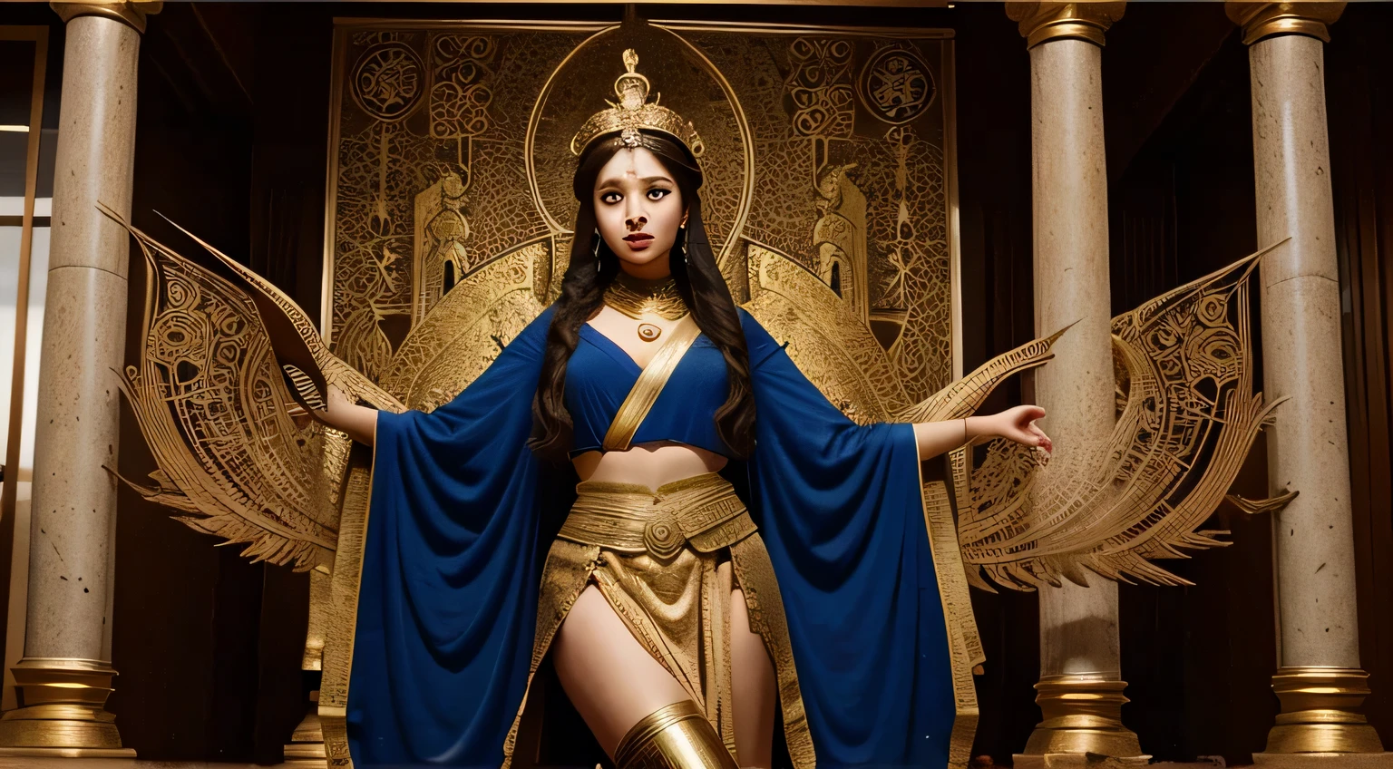 beautiful muscular antique greek spartan warrior asian girl, 1 girl, detailed face with piercing eyes, flowing dark hair, wearing ornate spartan helmet with ornate gold and bronze details, wearing detailed spartan battle armor with intricate gold and bronze designs, holding a golden sword, looking at viewer sitting in a golden throne, dramatic lighting, ((sitting on the golden throne)), cinematic angle, highly detailed, photorealistic, 8k, masterpiece
