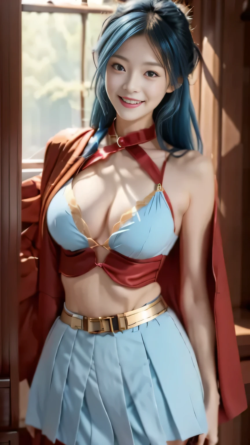 Chinese female general Hua Mulan,Saffron Hu suit lining,Detail the eyes,Crimson cape,Gold metal breastplate,Breasts are full and erect,golden helmet,battlefield background,majestic,Smile(open mouth)(The corners of the mouth are raised),Leather tunic,(White pleated skirt)Knee armor,Half-length photo,red metal headband,light blue hair,Hair bun raised high。(grassland background)