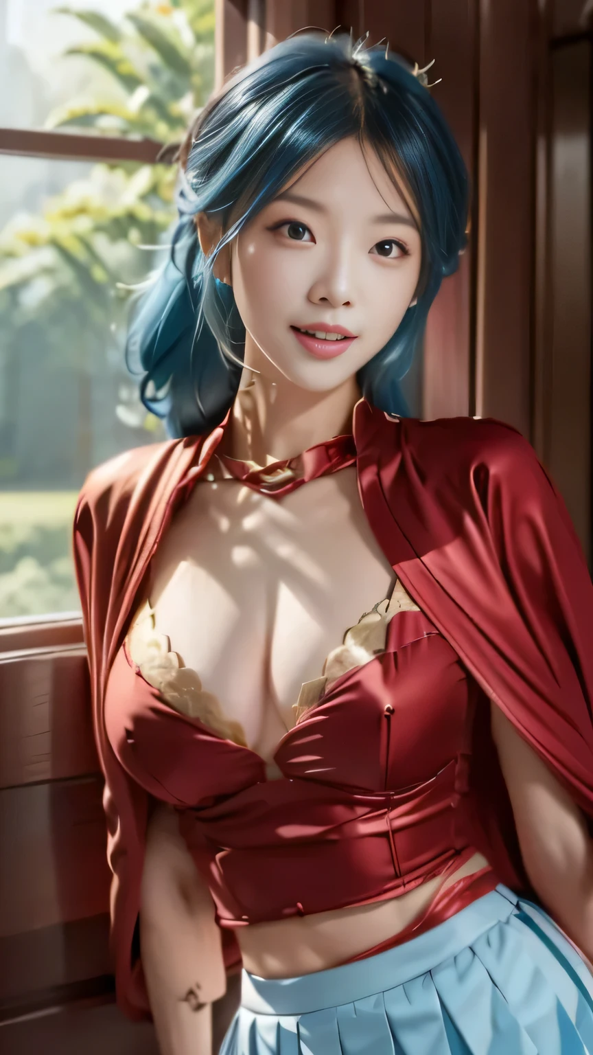 Chinese female general Hua Mulan,Saffron Hu suit lining,Detail the eyes,Crimson cape,Gold metal breastplate,Breasts are full and erect,golden helmet,battlefield background,majestic,Smile(open mouth)(The corners of the mouth are raised),Leather tunic,(White pleated skirt)Knee armor,Half-length photo,red metal headband,light blue hair,Hair bun raised high。(grassland background)