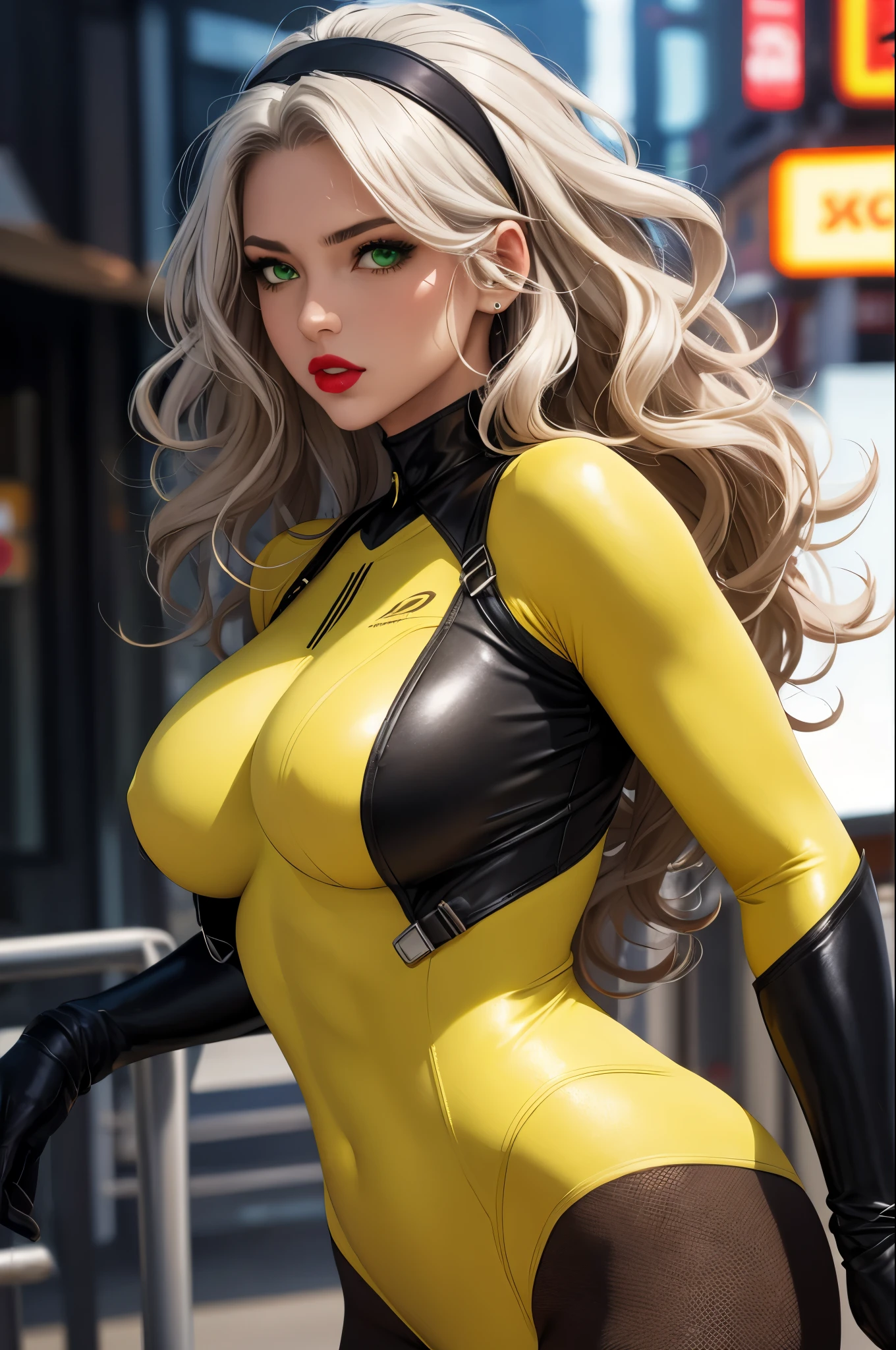 good anatomy, masterpiece, best quality, bokeh, depth of field, highres, high quality, 1girl,
CARTOON_X_MENs_Rogue,ownwaifu,
long hair,breasts,brown hair,green eyes,lipstick,makeup,lips,white hair,two-tone hair,headband,wavy hair,large breasts,messy hair,curly hair,big_hair,
yellow bodysuit,jacket,gloves,belt,yellow gloves,green bodysuit,bodysuit,multicolored bodysuit,superhero, skin tight,multicolored clothes,