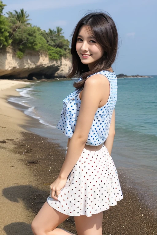 Beautiful Japanese woman standing on the sandy beach by the sea with her back straight, high ager, Full body photo taken from the front, long eyes, beautiful eyes, Eye pupils are black, Height: 155cm, bust 79cm, Waist 55cm, Hip 85cm, Bob cut brown hair, Healthy thighs, barefoot, Rest your left foot, Shot straight ahead, full body shot,Camera height is 50cm, The line of sight is looking down at the camera at a height of 50 cm above the ground.,elongated facial contour, Smile a little,sharp cheeks, round chin, clean nose, looking at the camera, round chin, long eyes, beautiful eyes, black eyes, Navel soup、large polka dot sleeveless shirt, Fluttery white super mini skirt, white mini skirt
