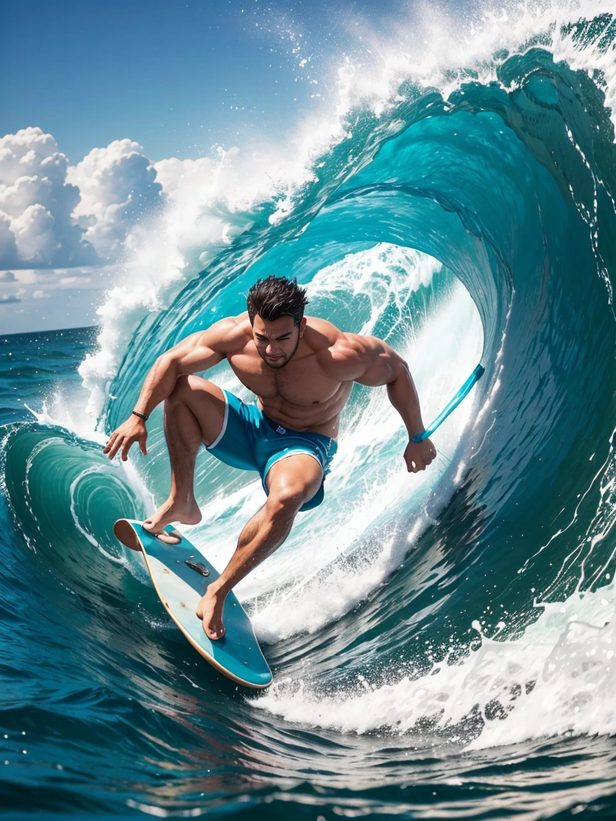 8k，8K resolution，一位武术家打扮的surf者，Riding on the top of a huge wave，Use kung fu and water control to navigate the water，Enjoy panoramic views of the sea and turquoise waves，muscular european, handsome man，charming eyes，rough real skin,beautiful, smooth and shiny，Full muscles，Thick body hair， (Wearing fashionable swimming trunks)，big bag，emphasize，Vibrant Neon Wai，bright colors，dynamic composition，Canon EO SRS camera，FU J if11M PR O400H film，35mm lens，shallow view deep，surf，The waves are high，Dashing out of the waves quickly on a skateboard with both feet，Beautiful and professional pose，professional lighting，Professional photography，Realistic photos，realistic model，realistic art