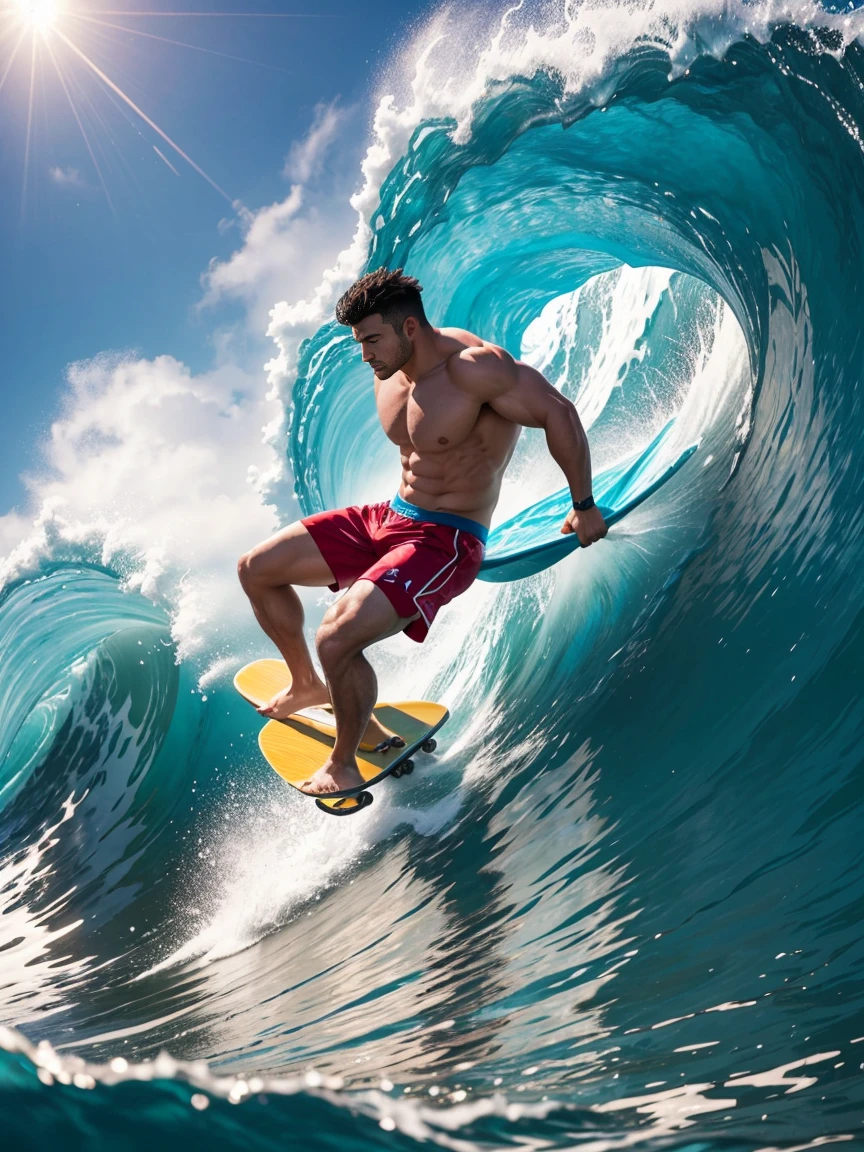 8k,8K resolution,一位武术家打扮的surf者,Riding on the top of a huge wave,Use kung fu and water control to navigate the water,Enjoy panoramic views of the sea and turquoise waves,muscular european, handsome man,charming eyes,rough real skin,beautiful, smooth and shiny,Full muscles,Thick body hair, (Wearing fashionable swimming trunks),big bag,emphasize,Vibrant Neon Wai,bright colors,dynamic composition,Canon EO SRS camera,FU J if11M PR O400H film,35mm lens,shallow view deep,surf,The waves are high,Dashing out of the waves quickly on a skateboard with both feet,Beautiful and professional pose,professional lighting,Professional photography,Realistic photos,realistic model,realistic art
