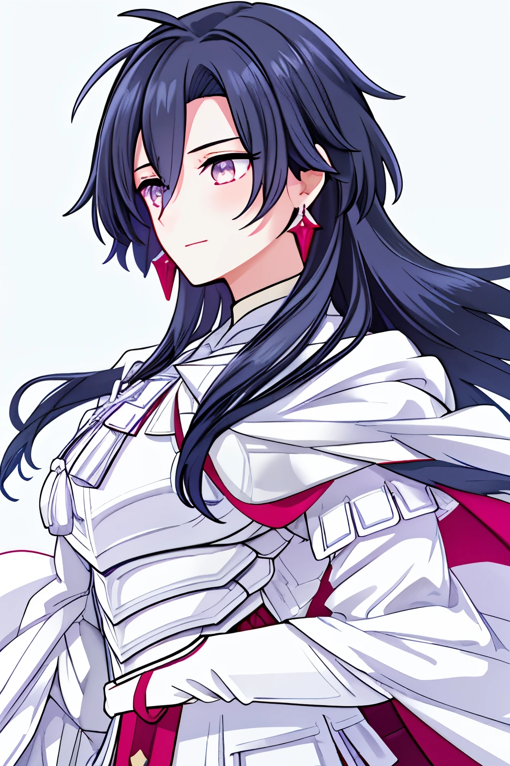 black haired woman、elegant woman、top quality、super detailed、magic effect、wizard、star、tan eyes、Red earrings、long hair、Depressed face、Melancholy look、smart body shape、white armor、white cloak、裏地の赤いwhite cloak、Noble、Woman with large breasts、Hair in the wind、watercolor painting、Light colors、pastel colour、big breasts、Blue sky on background、