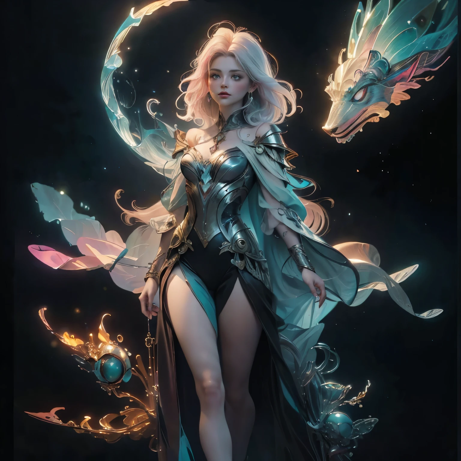 Fondo blanco, full body of an ethereal fairy with pink and turquoise glowing skin, personaje de dibujos animados 3d, al estilo de los retratos realistas e hiperdetallados, Aia Koshkin, Jazmín Becket-griffith, Daniel F. Gerhartz, wendy froud, y brian froud --estilizar 250 --v 6.0