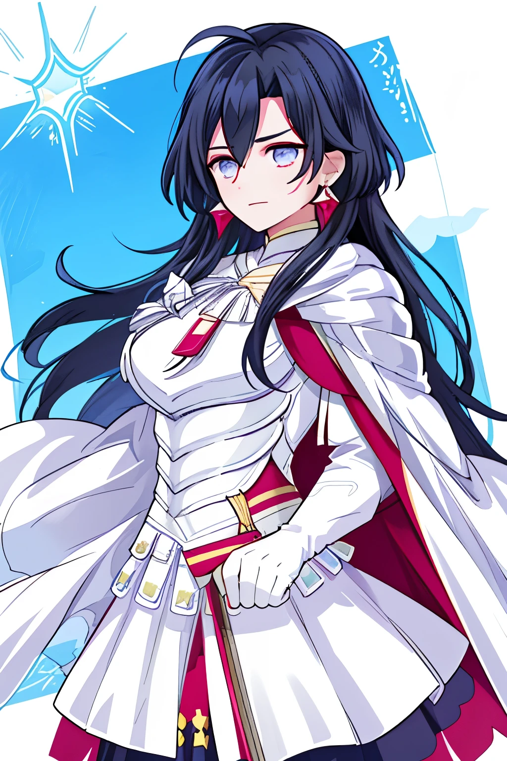 black haired woman、elegant woman、top quality、super detailed、magic effect、wizard、star、tan eyes、Red earrings、long hair、Depressed face、Melancholy look、smart body shape、white armor、white cloak、裏地の赤いwhite cloak、Noble、Woman with large breasts、Hair in the wind、watercolor painting、Light colors、pastel colour、big breasts、Blue sky on background、